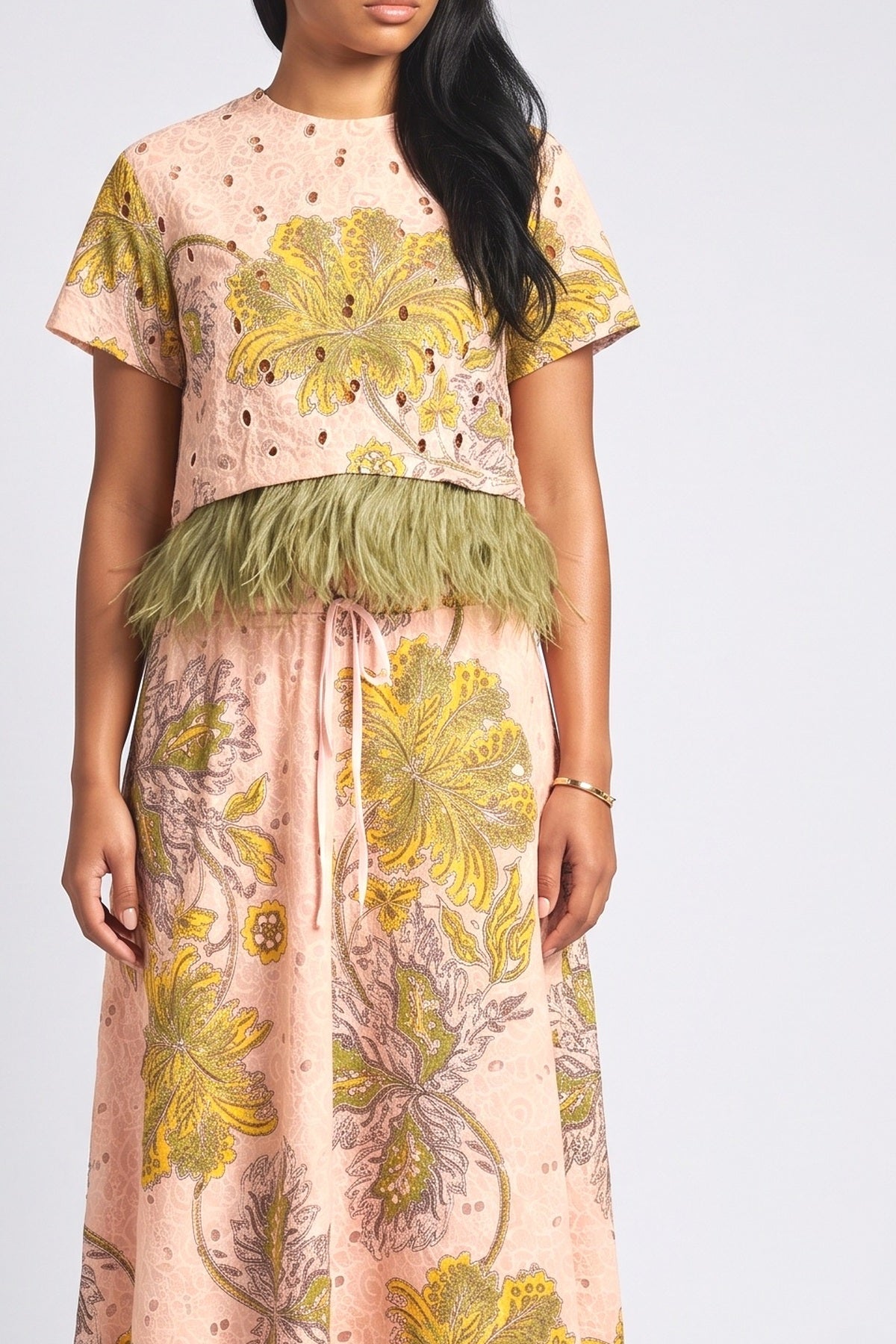 Multicolor Paisley Feather Trim Outfit Set, fabric detail