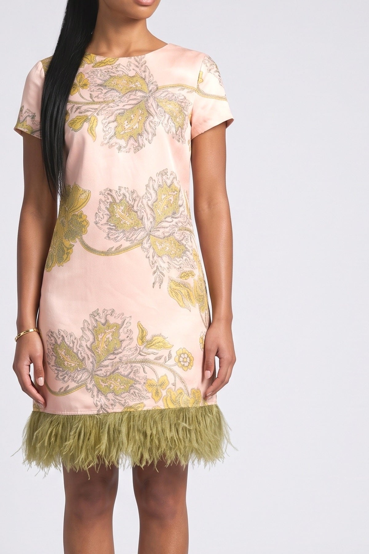 Pink Print Satin Fringe Mini Dress, fabric detail