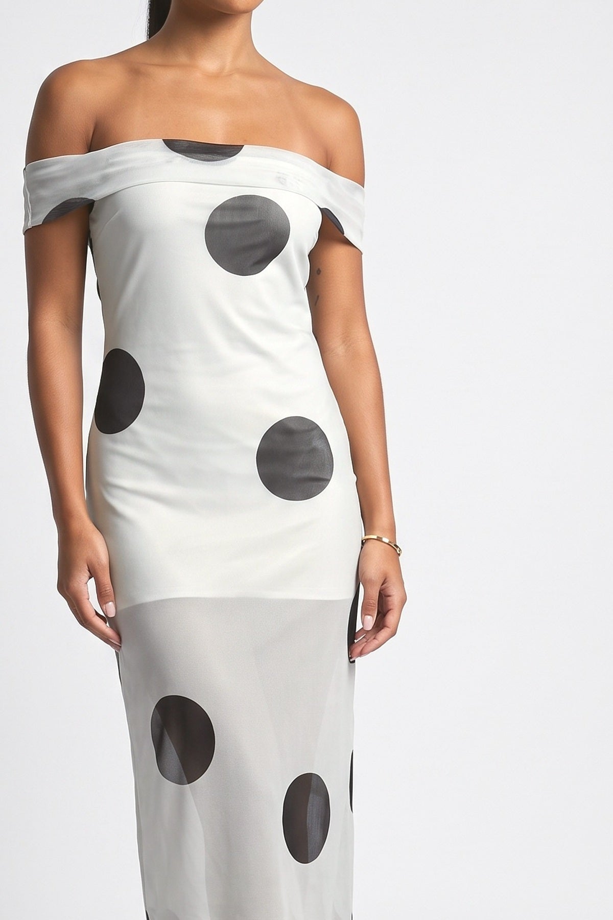 White Polka Dot Mesh Off-Shoulder Maxi Dress, fabric detail