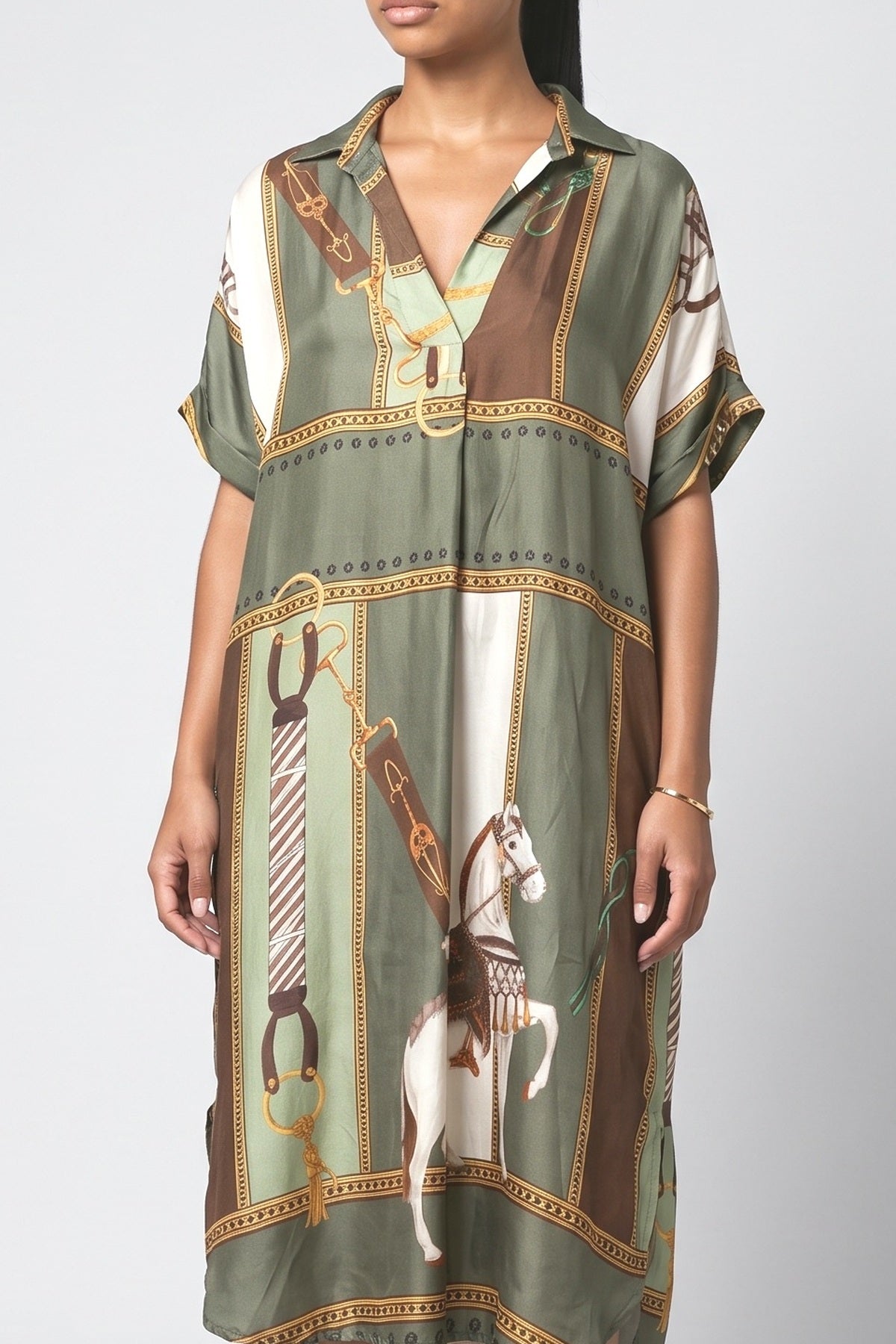Equestrian Print Shirt Midi Dress, fabric detail