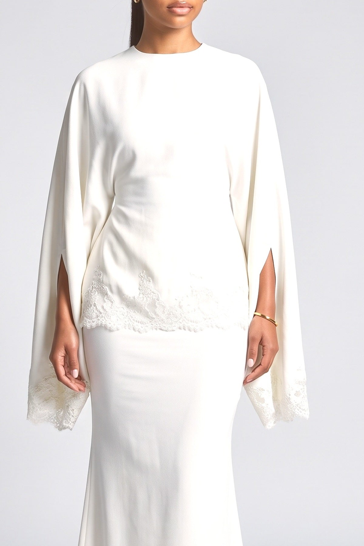 White Lace Batwing Sleeve Mermaid Outfit Set, fabric detail
