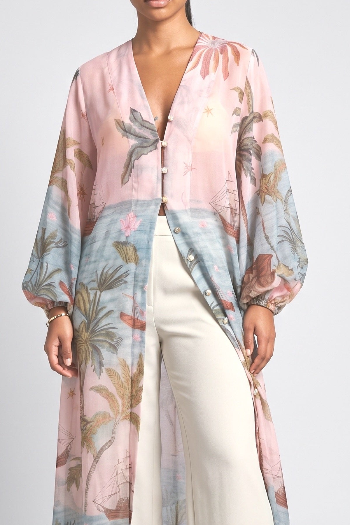 Oceanic Mirage Maxi Flow Shirt, fabric detail