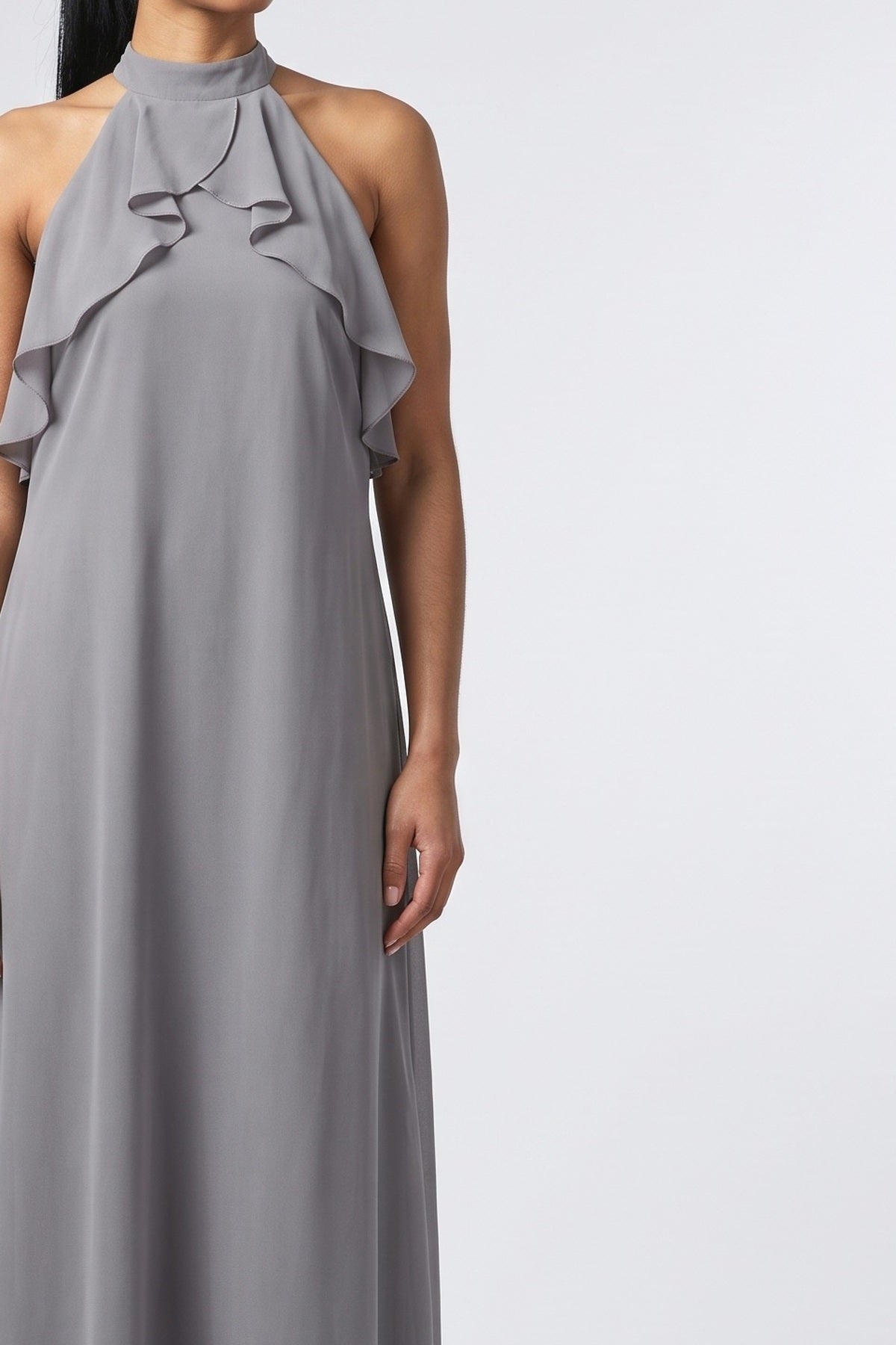 Chiffon Halter Neck Ruffle Maxi Dress, fabric detail