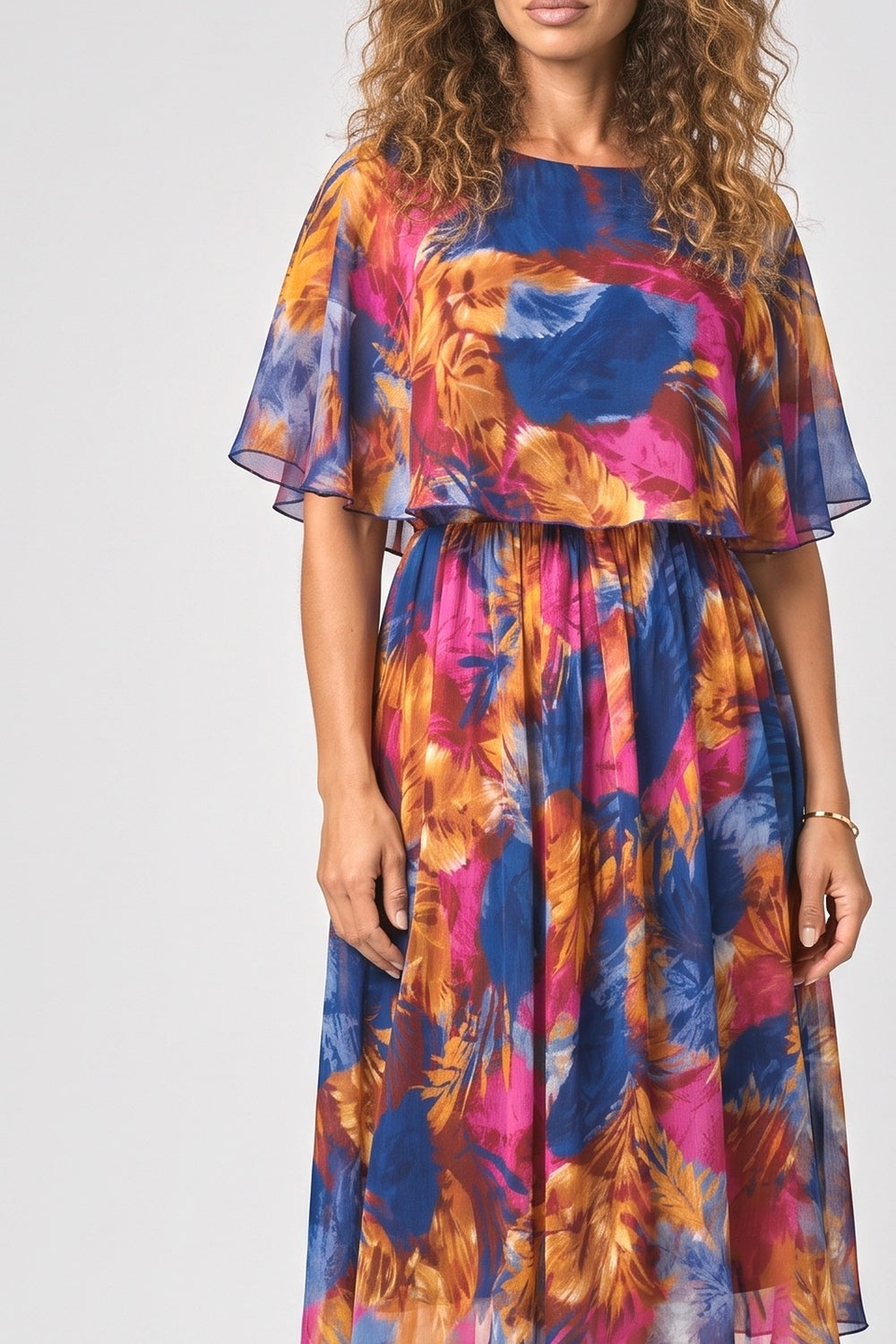 Multicolor Chiffon Flowy Midi Dress, fabric detail