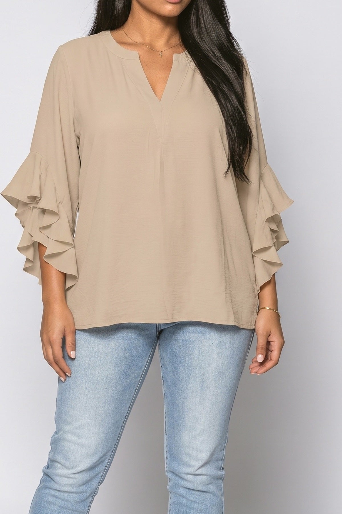 V-Neck Floral Ruffle Blouse, fabric detail