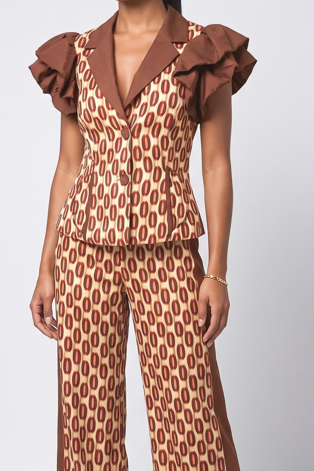 Geometric V-Neck Ruffle Outfit Set, fabric detail