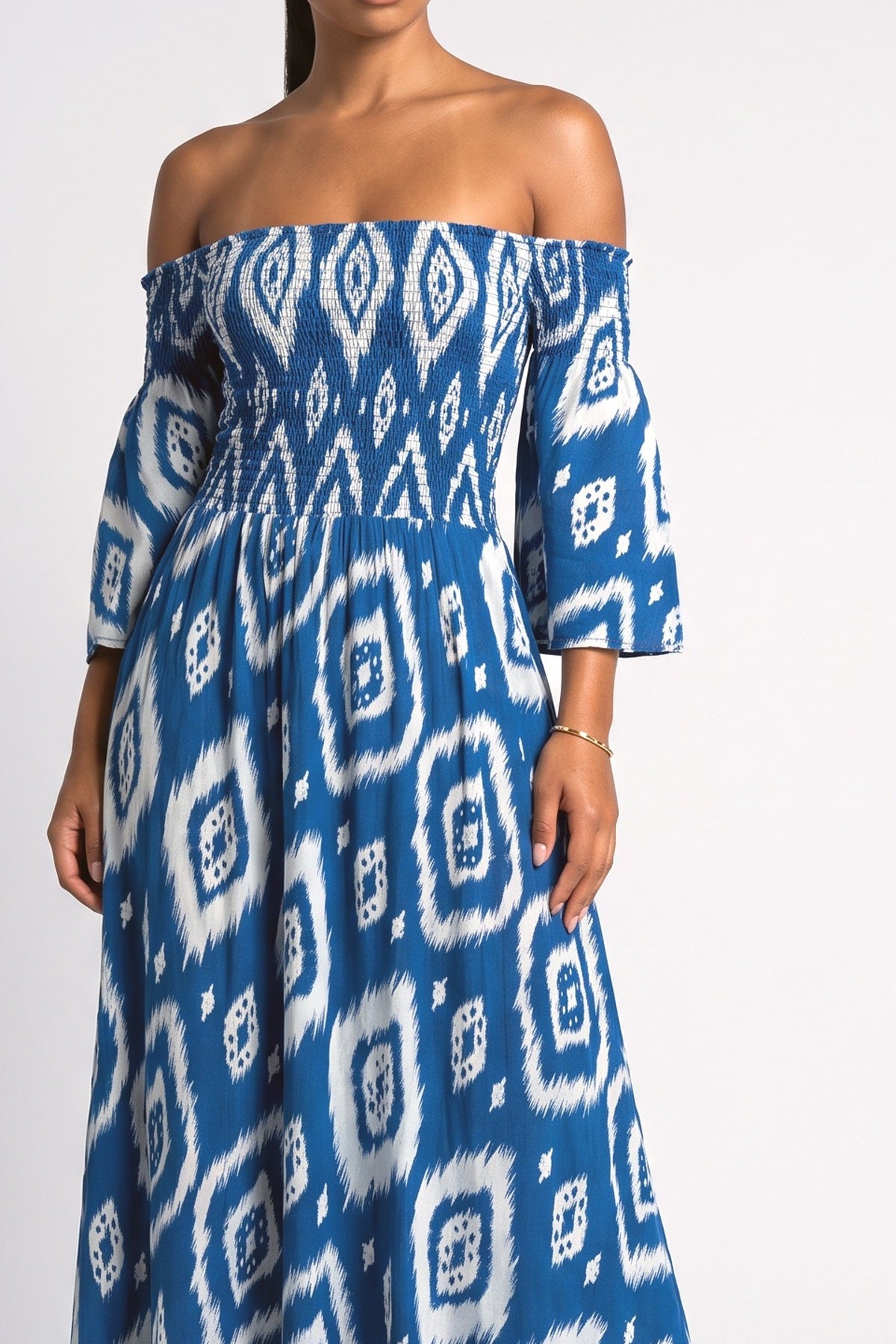 Vacation Ethnic Print Smocked Off Shoulder Pocketed Maxi Dress, fabric detail