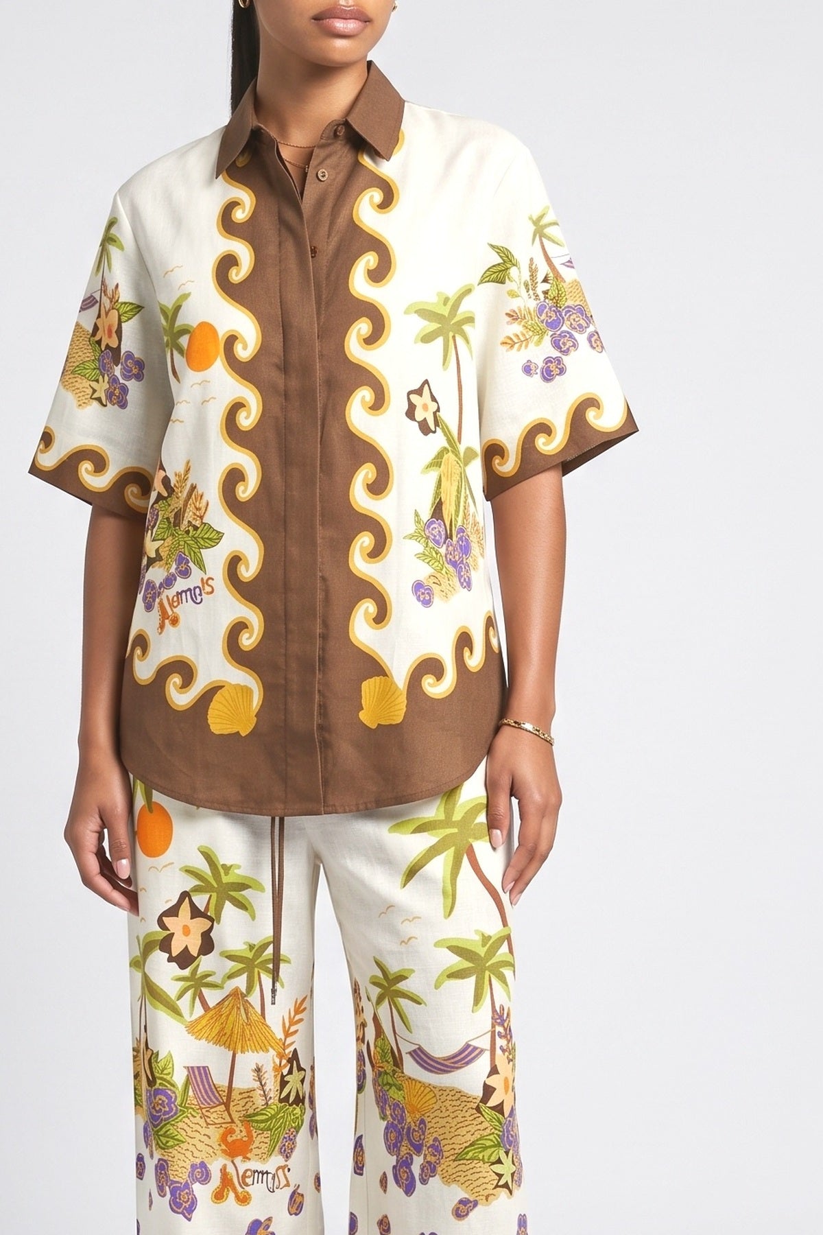 Tropical Print Shirt & Wide-Leg Pants Two-Piece Set, fabric detail