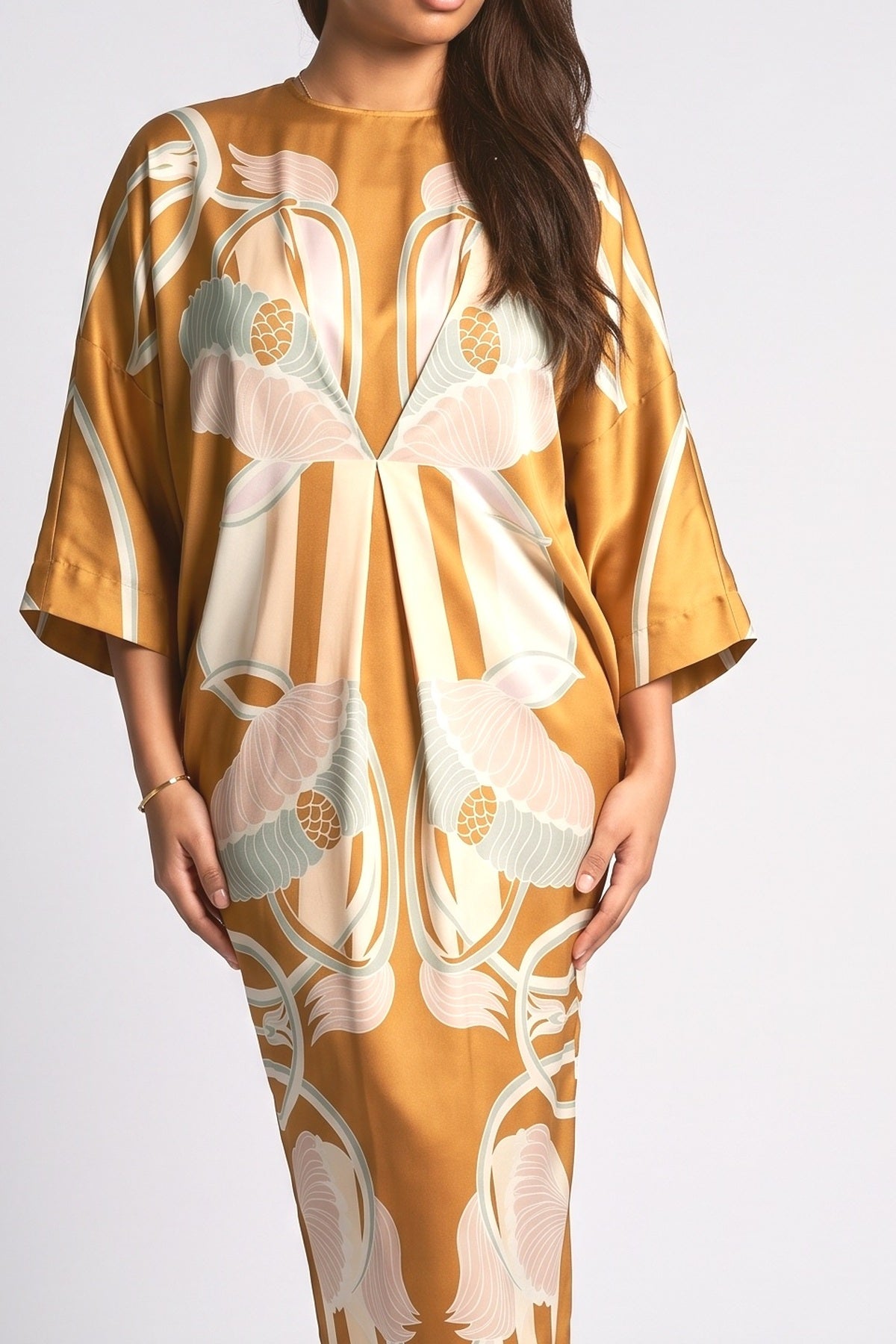 Multicolor Floral Satin Batwing Sleeve Maxi Dress, fabric detail
