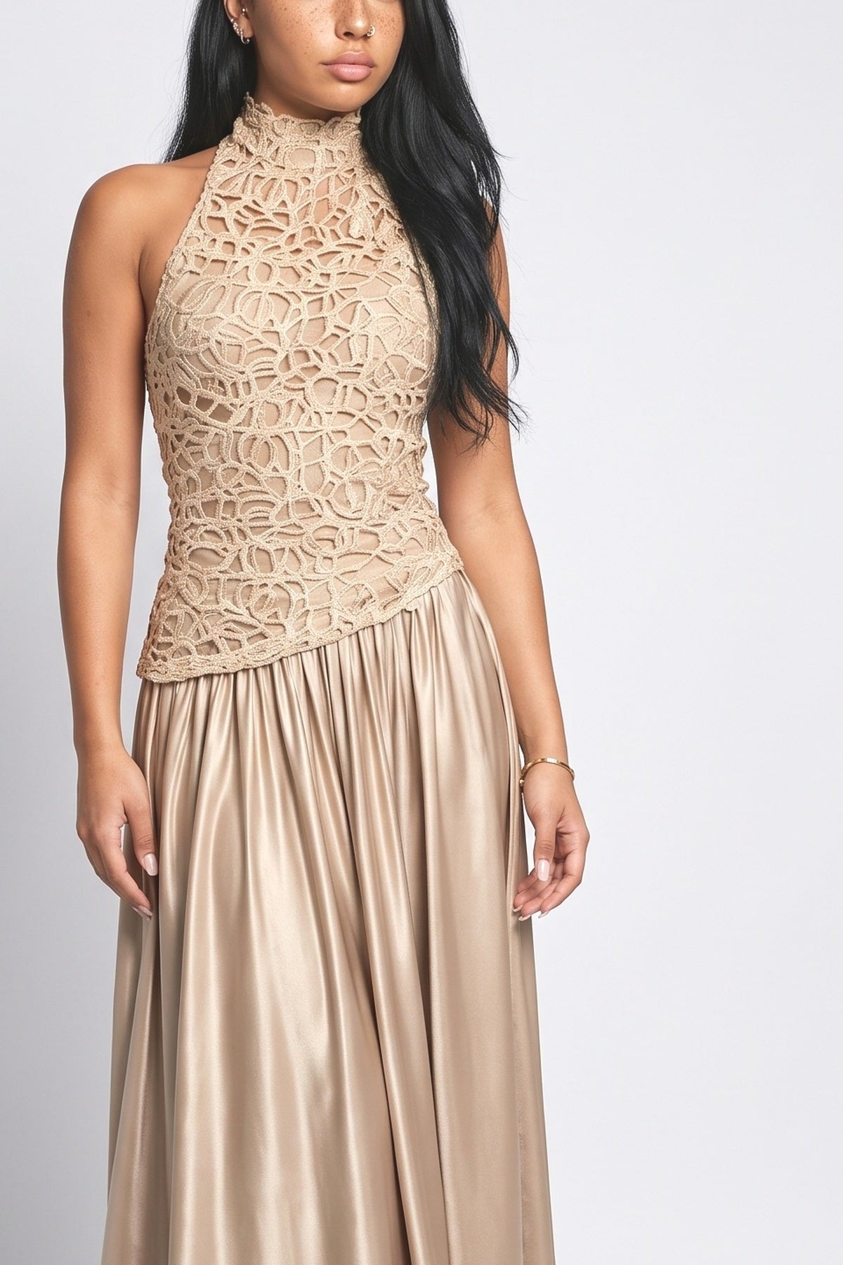 Gold Satin Backless Maxi Dress, fabric detail