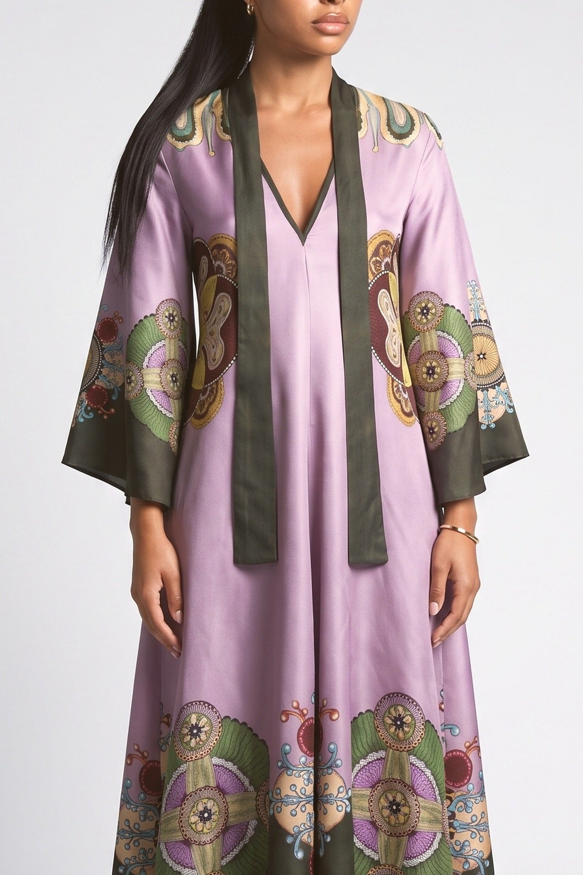 Purple Floral Satin Maxi Dress, fabric detail
