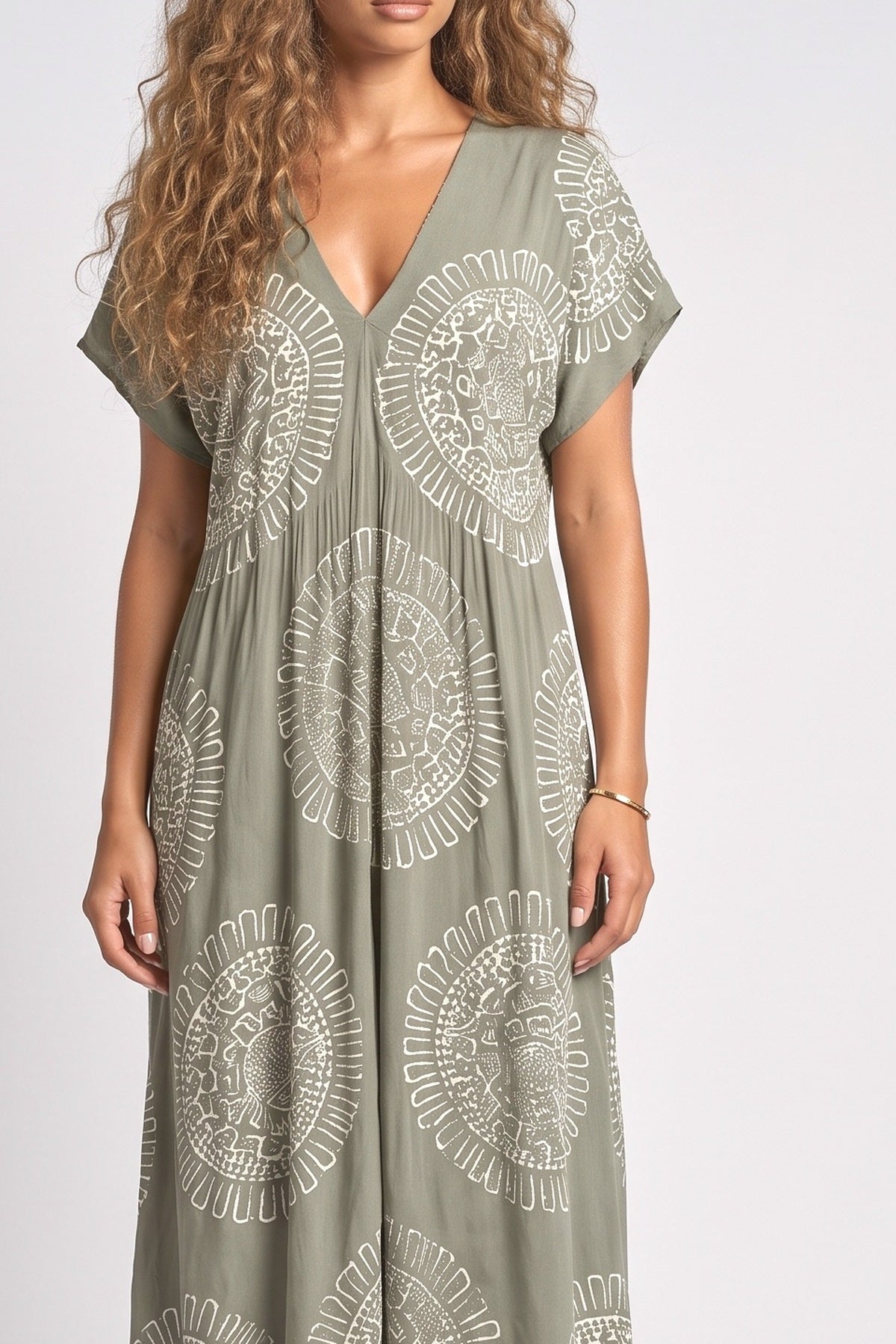 Green V-Neck Maxi Dress, fabric detail