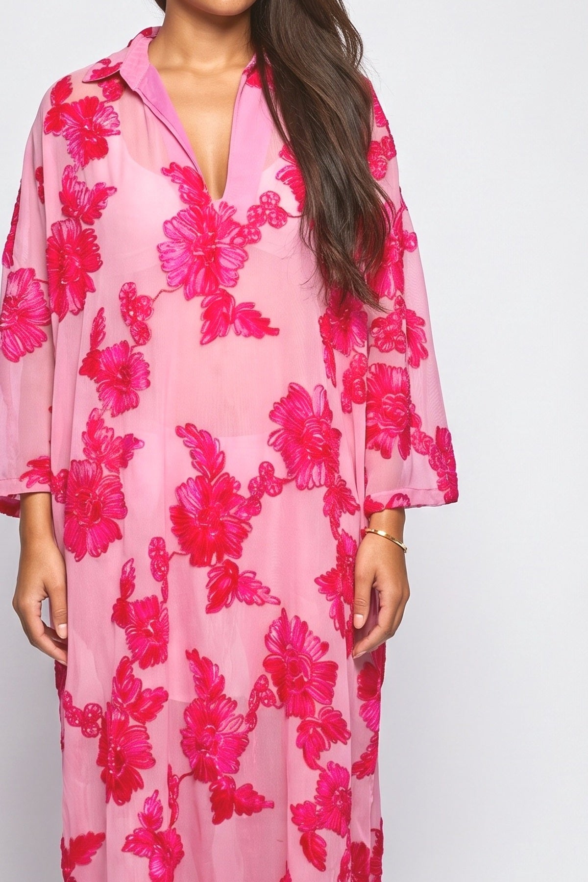 Pink Floral Sheer V-Neck Relaxed Dress, fabric detail