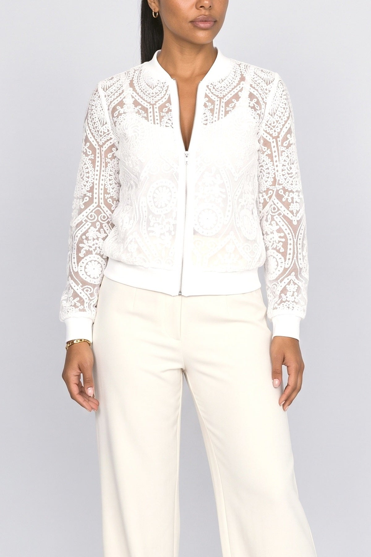 Lace Floral Bomber Jacket, fabric detail