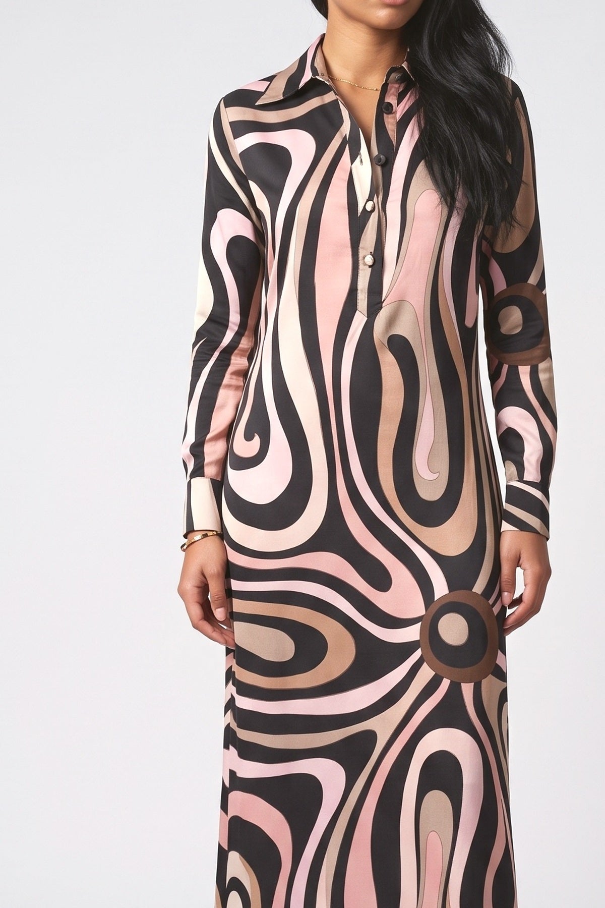 Swirl Print Satin Maxi Dress, fabric detail