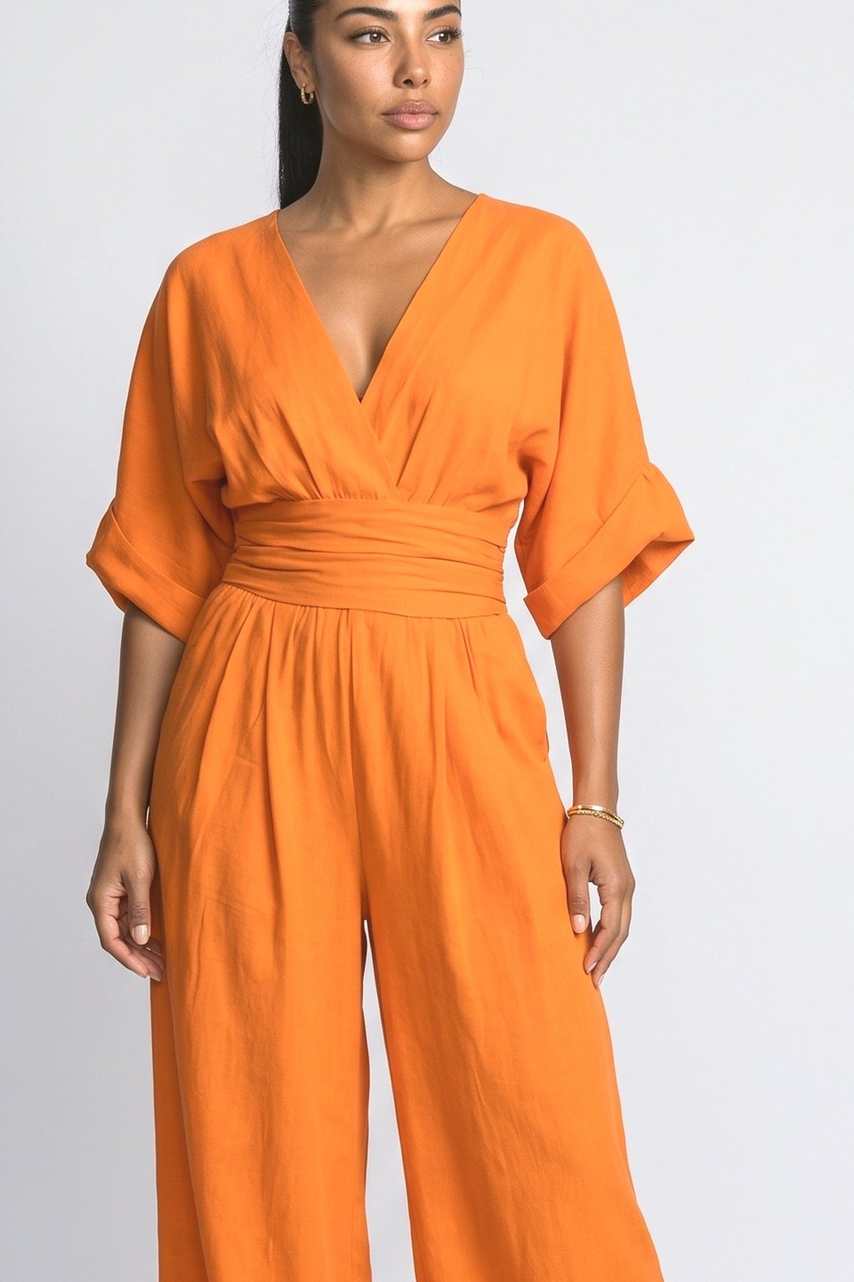 V-Neck Pleated Jumpsuit, fabric detail