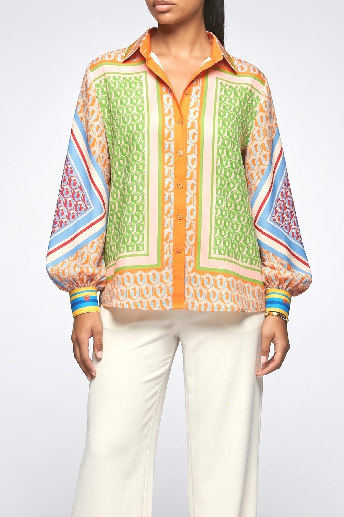 Colorful Print Balloon Sleeve Button Loose Shirt, fabric detail