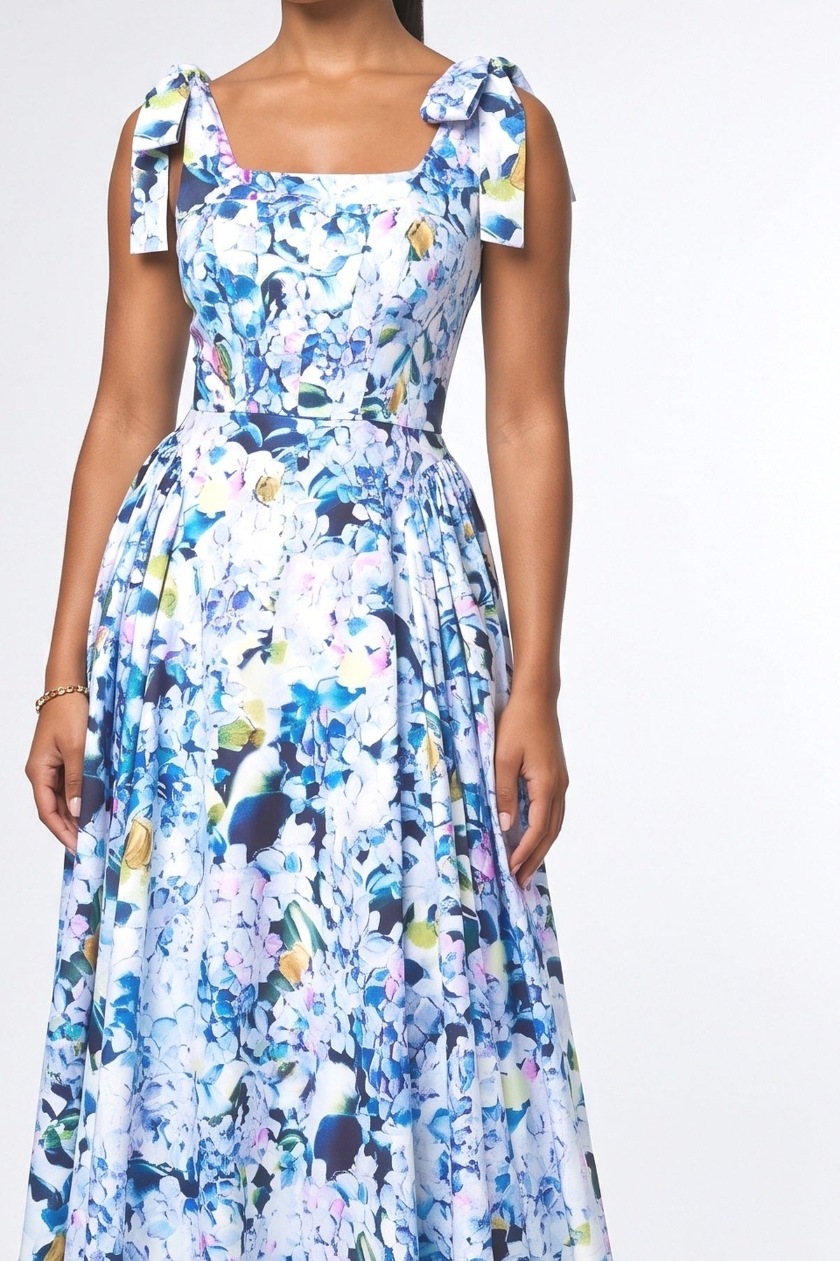 Bow Strap Hydrangea Print Maxi Dress, fabric detail