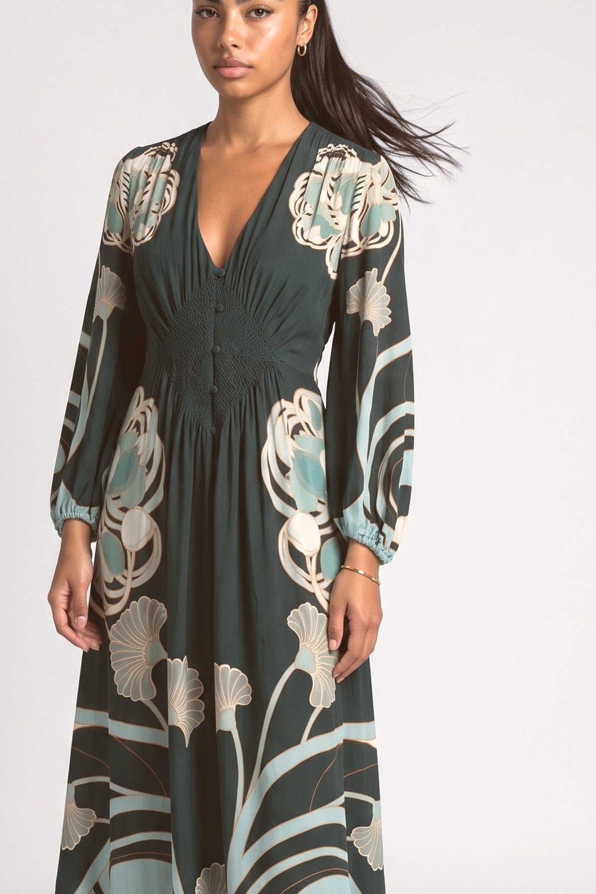 Green Pleated Maxi Dress, fabric detail