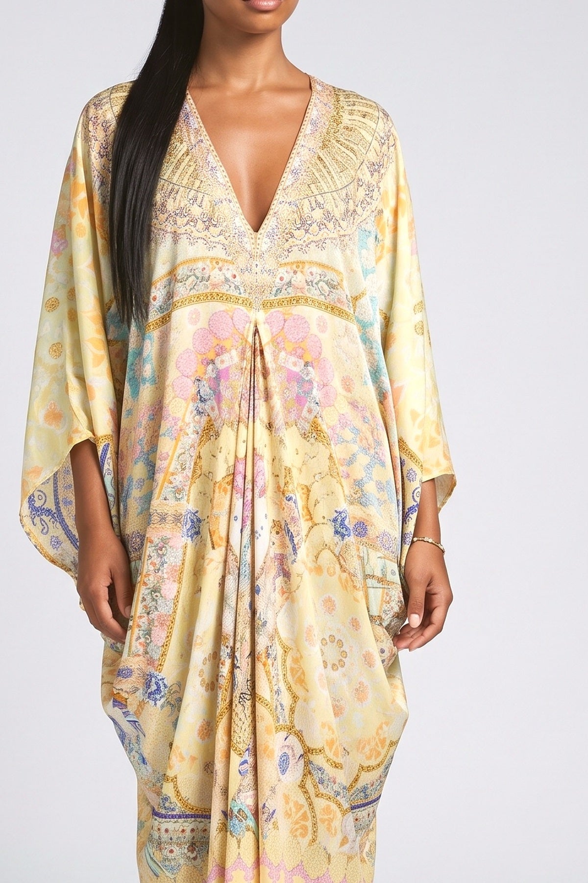 Yellow Floral Silky Maxi Dress, fabric detail