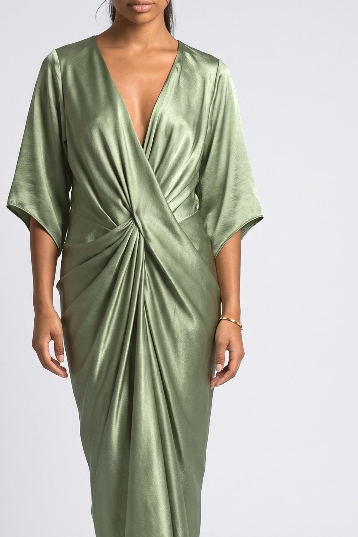 Green Satin V-Neck Wrap Maxi Dress, fabric detail