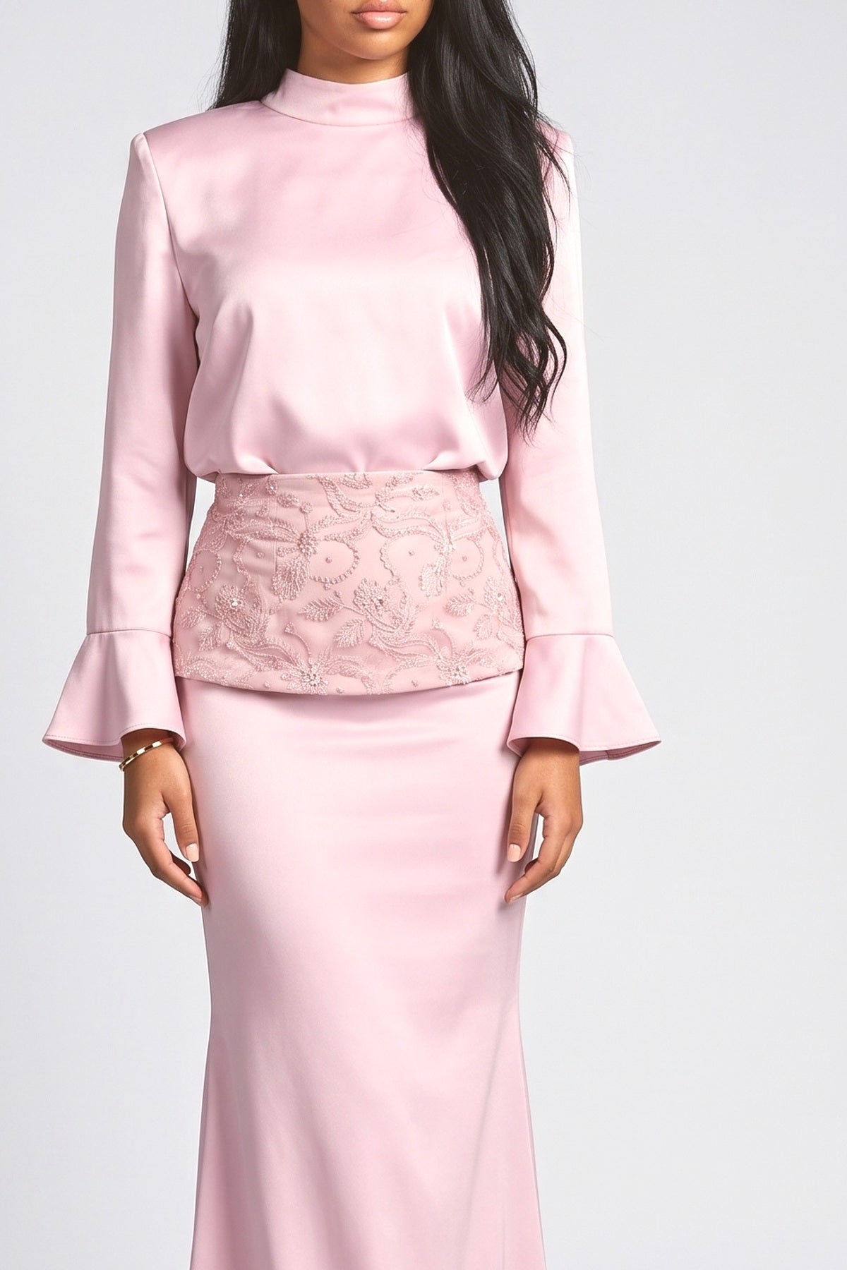 Satin Top & Embroidered Waistband Skirt Two-Piece Set, fabric detail