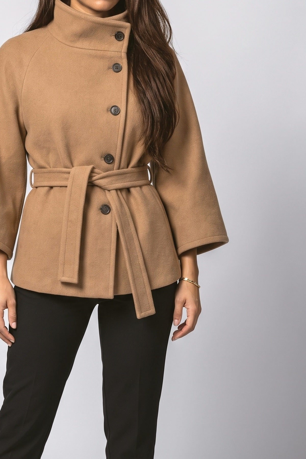 High Neck Asymmetric Denim Jacket, fabric detail