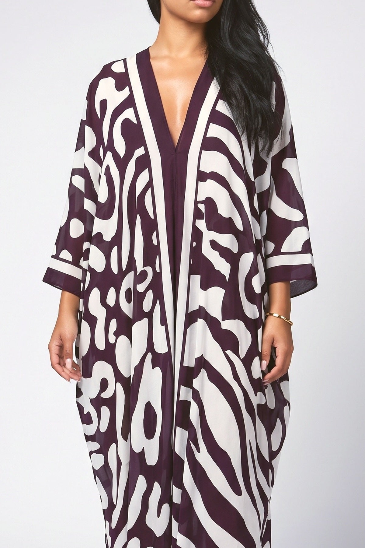 Mottled Print Relaxed Kimono Maxi Dress, fabric detail