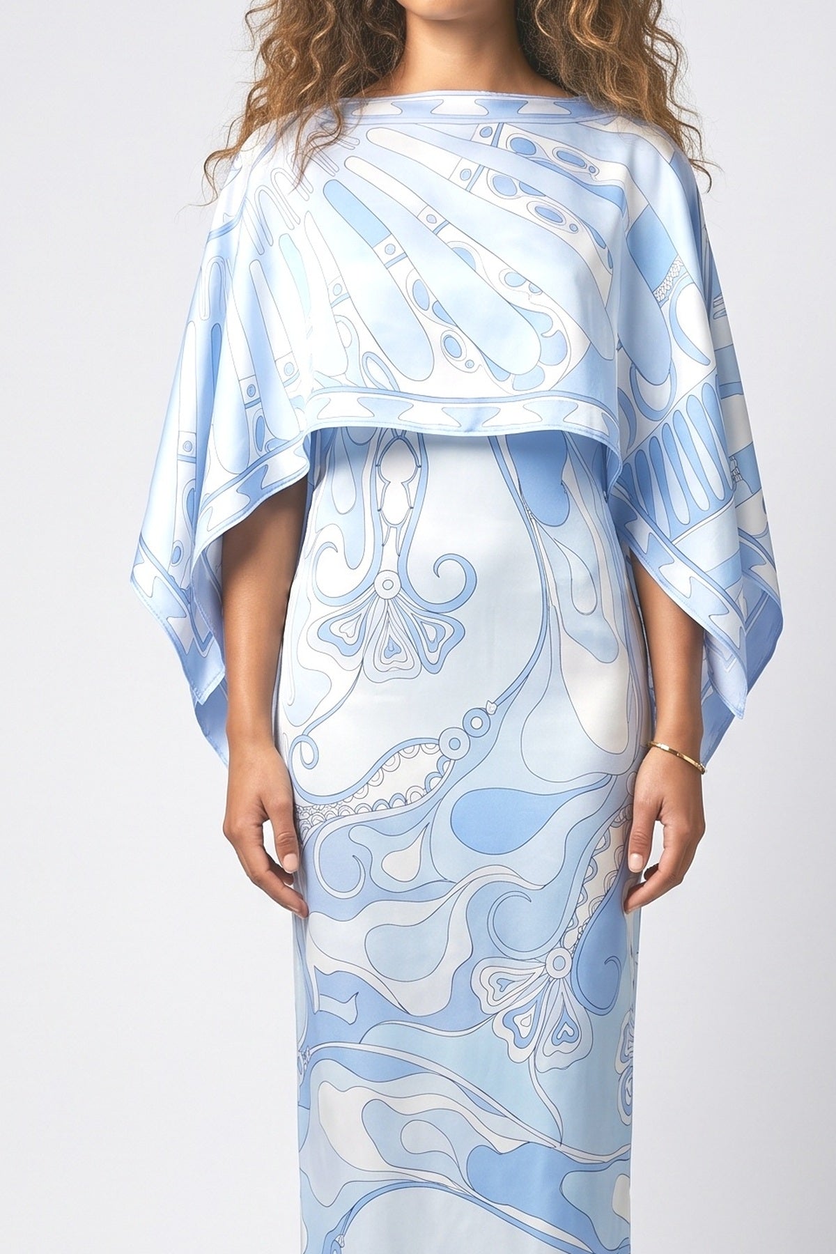 Blue Abstract Satin Cape Outfit Set, fabric detail