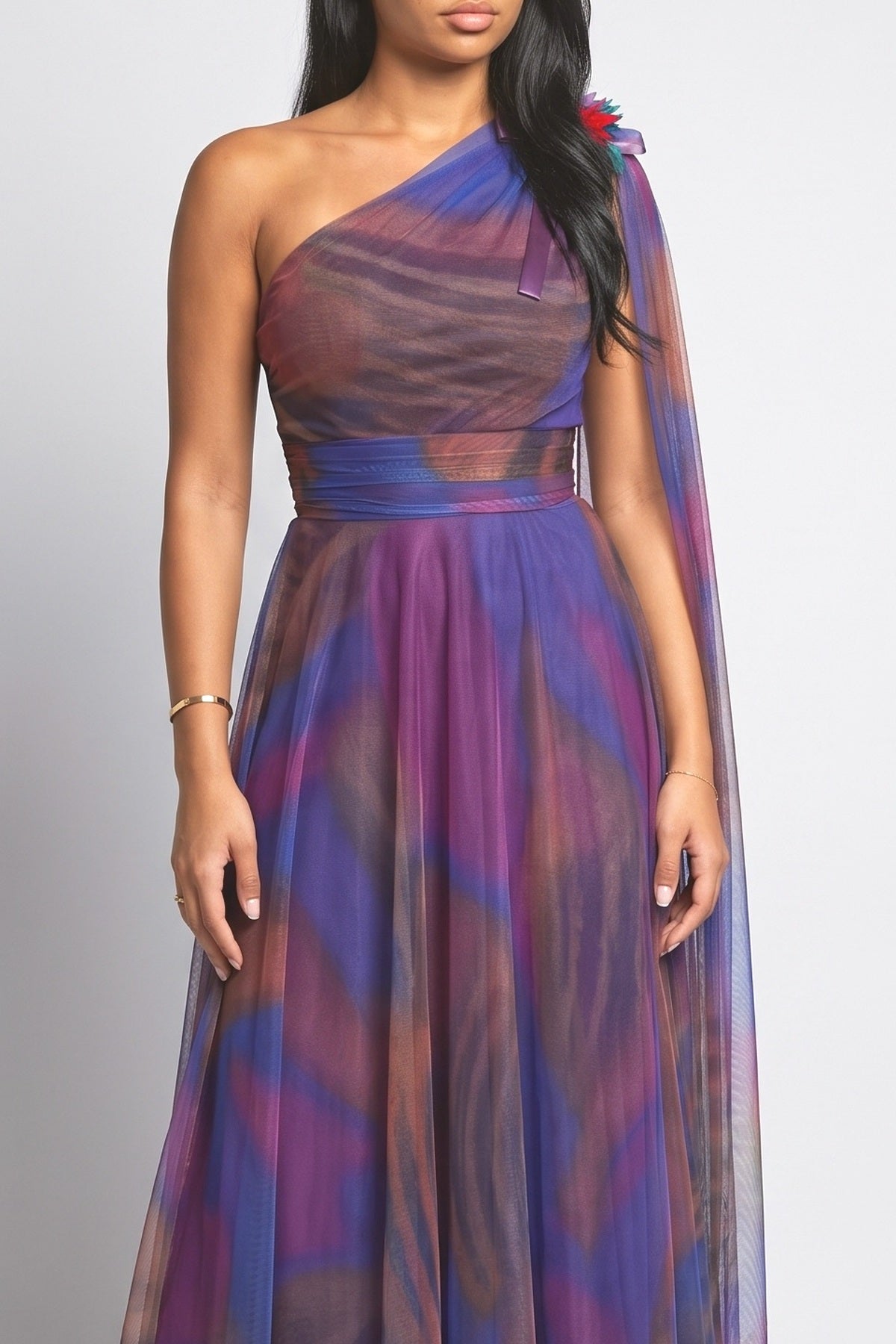 Print Tulle One-Shoulder Cape Maxi Dress, fabric detail