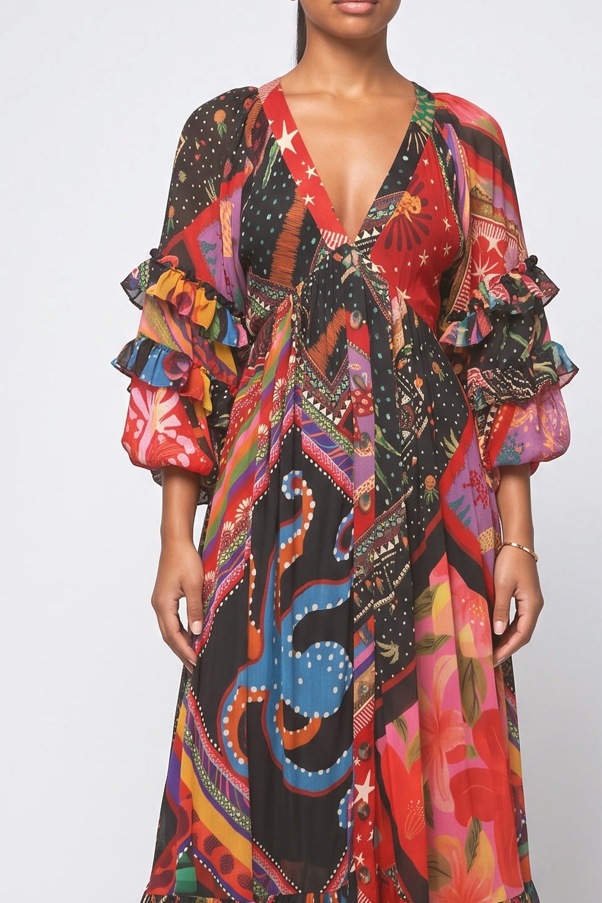 Red Floral V-Neck Maxi Dress, fabric detail