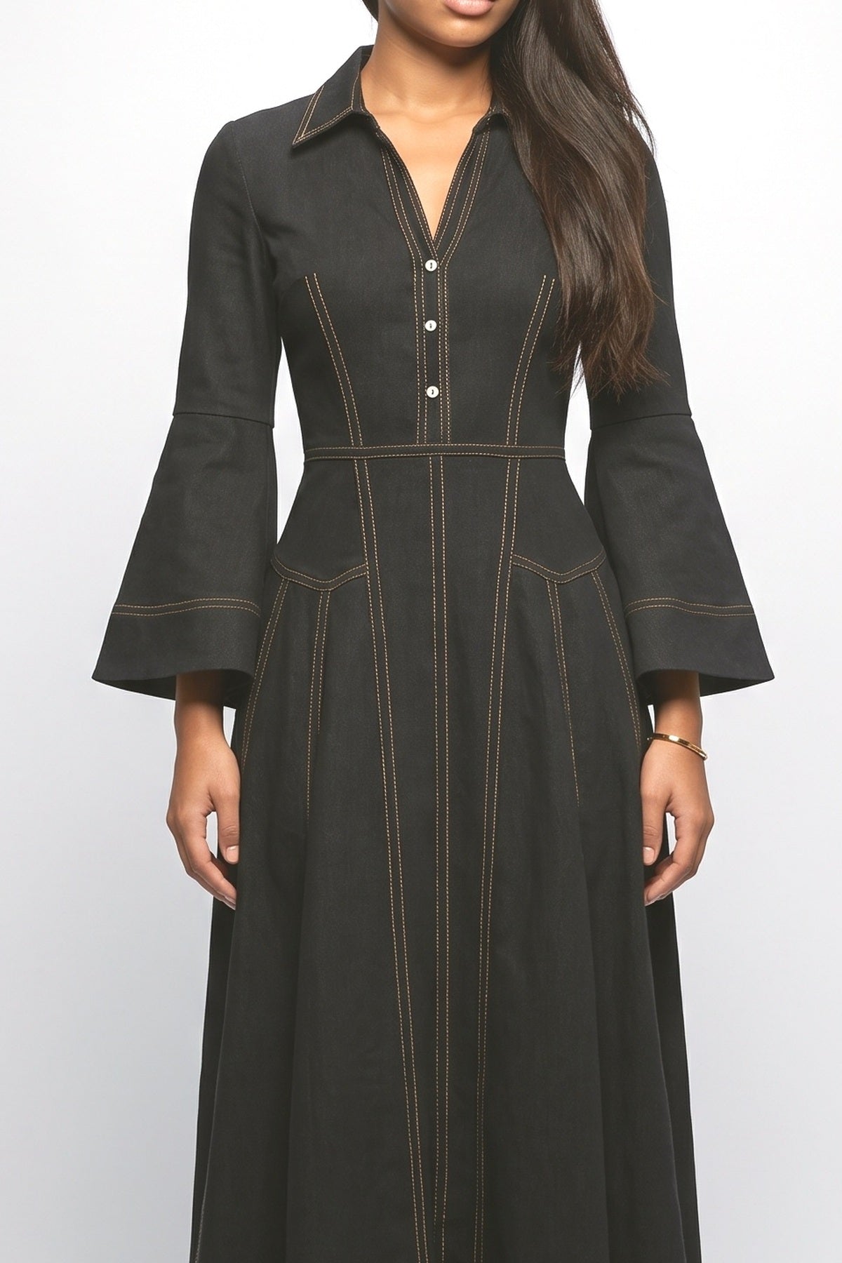 Contrast Stitching Lapel Maxi Dress, fabric detail