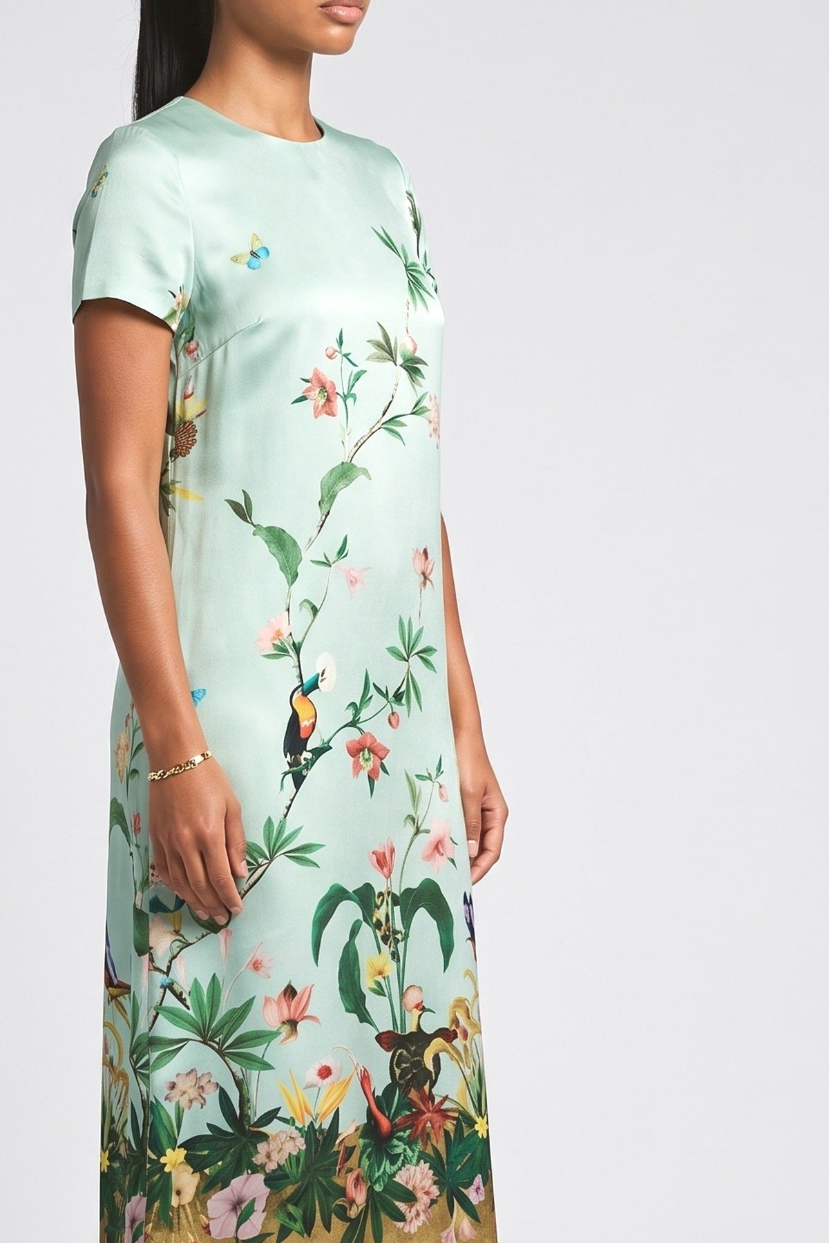 Print Feather Trim Maxi Dress, fabric detail