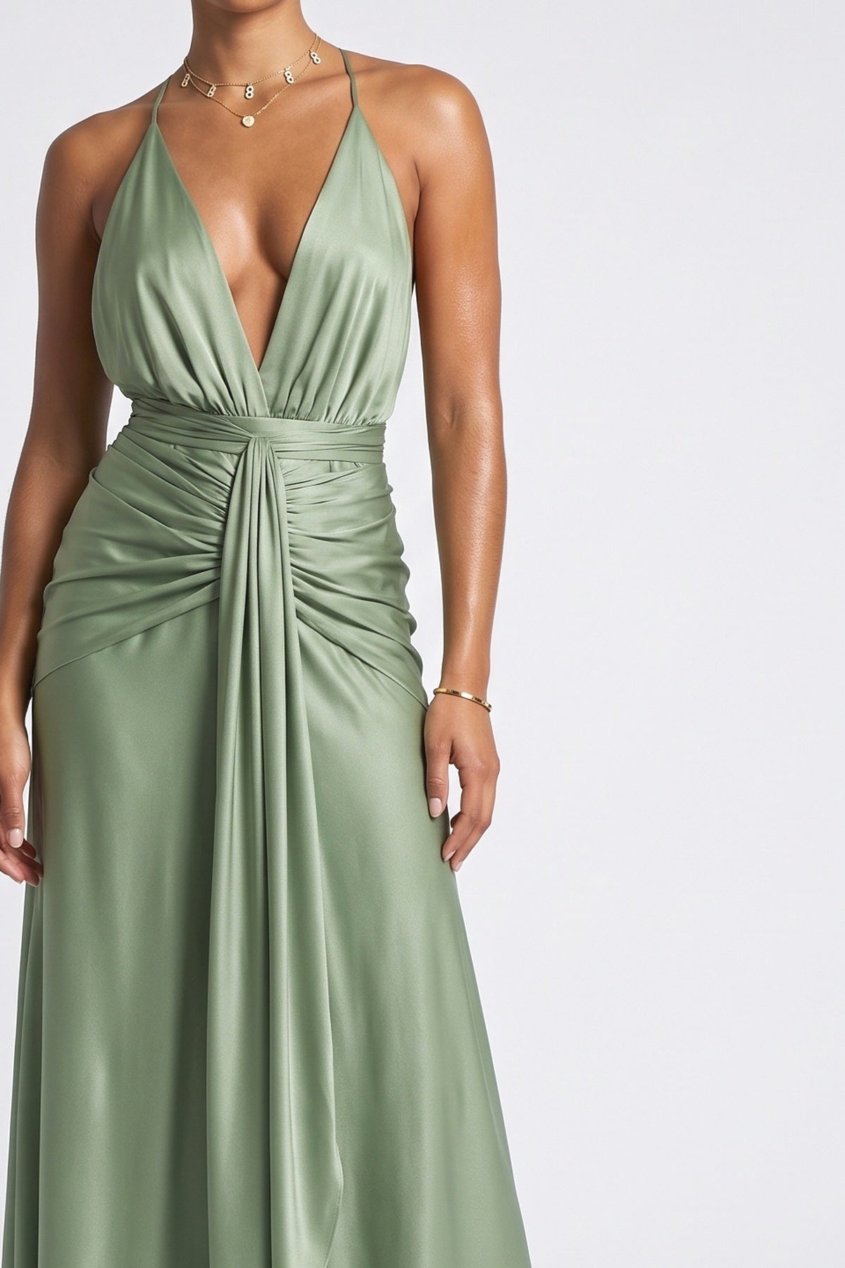 Green Halter Neck Wrap Maxi Dress, fabric detail