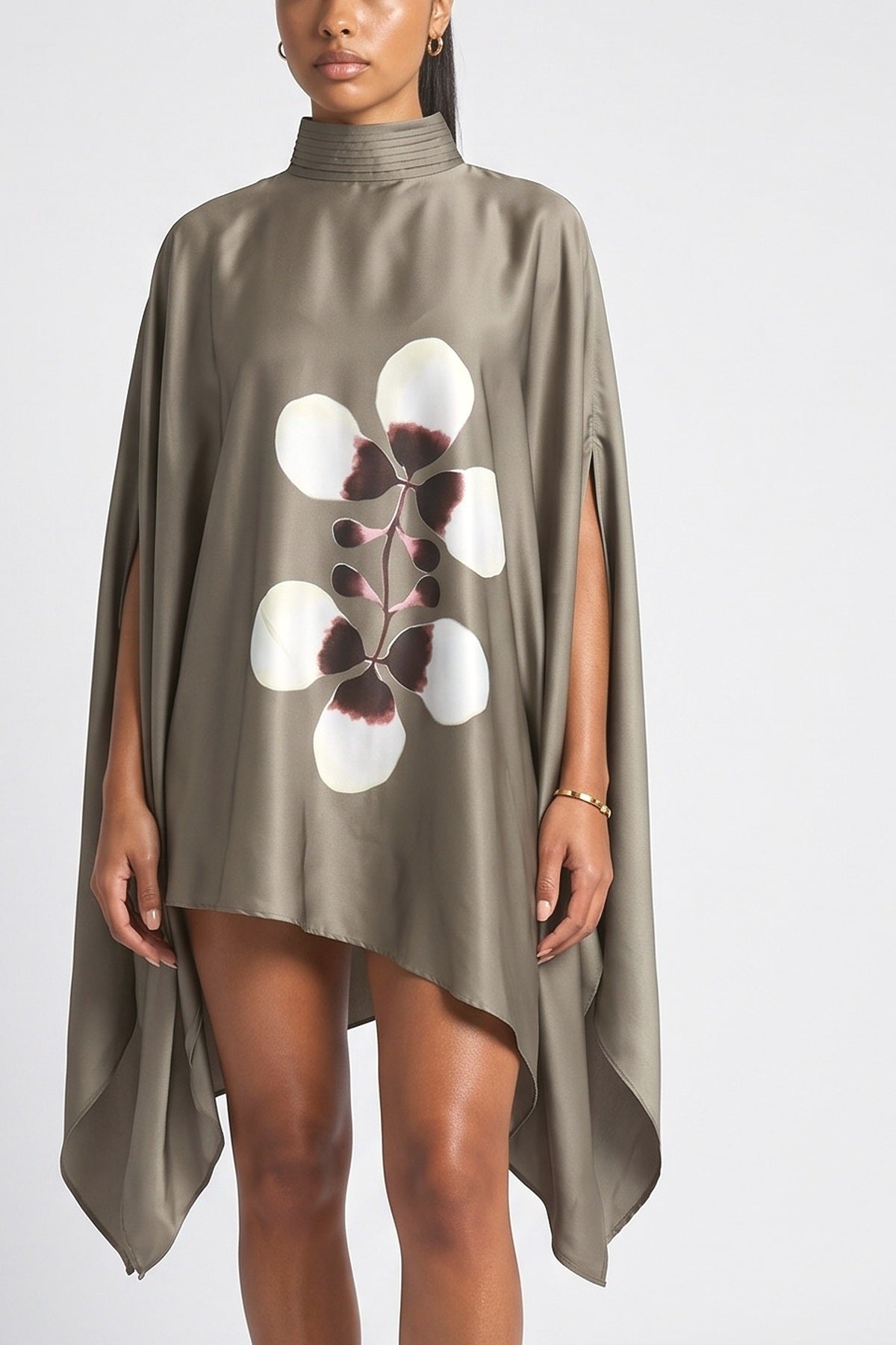 Blue Floral Satin High Neck Batwing Sleeve Pleated Mini Dress, fabric detail