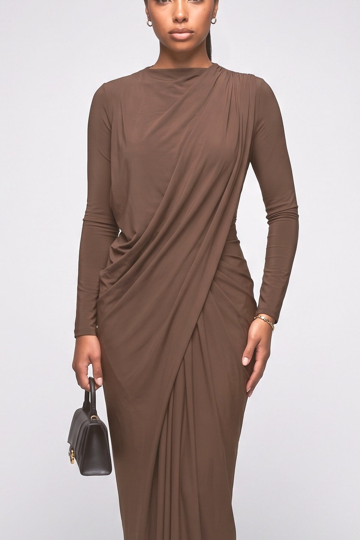 Brown Long Sleeve Pleated Maxi Dress, fabric detail
