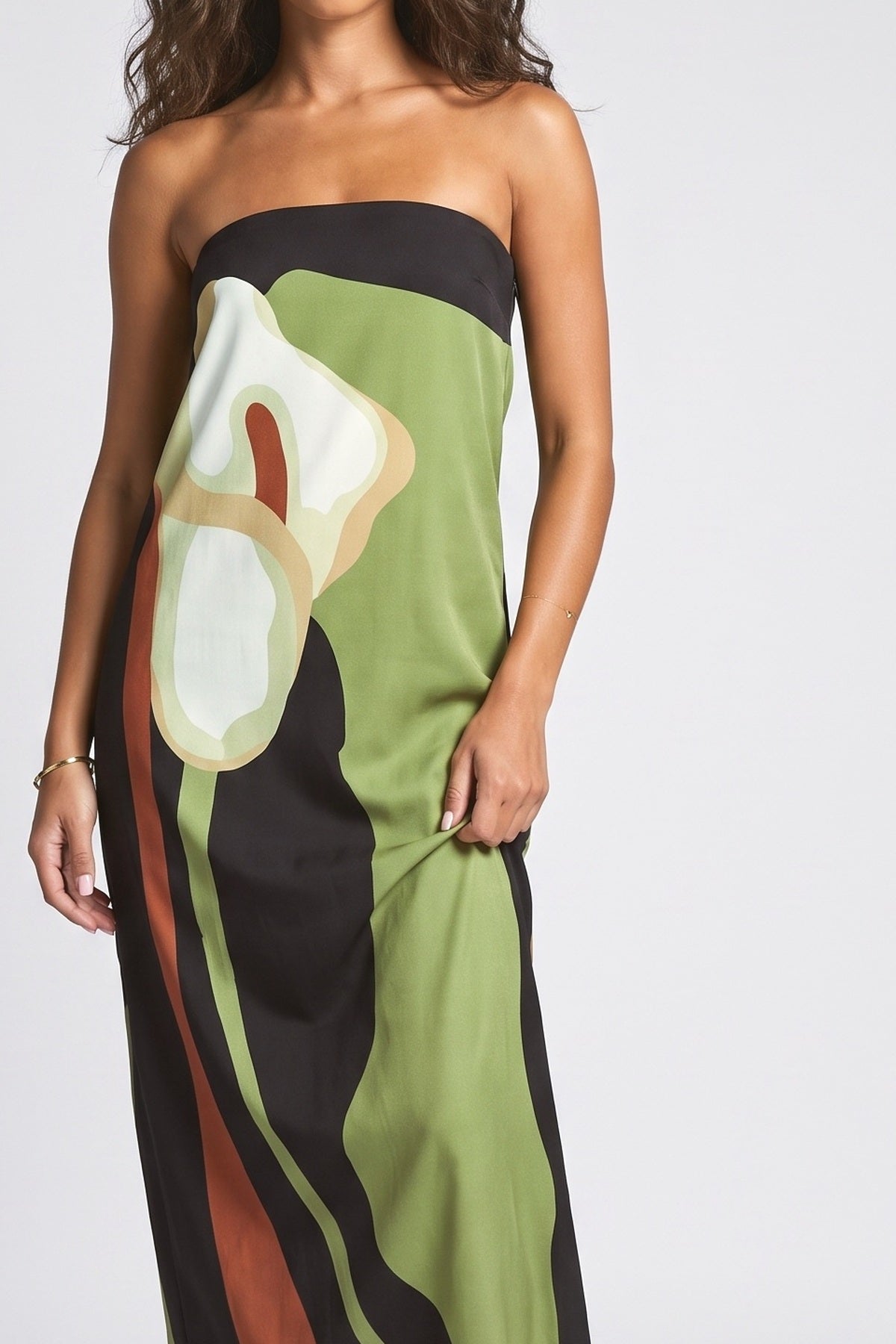 Green Print Off-Shoulder Sleeveless Maxi Dress, fabric detail