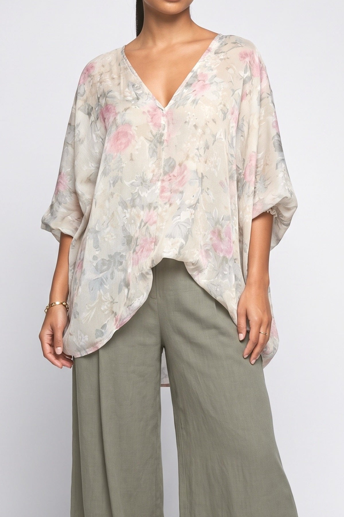 Floral Print Flowing Top & Wide-Leg Pants Set, fabric detail