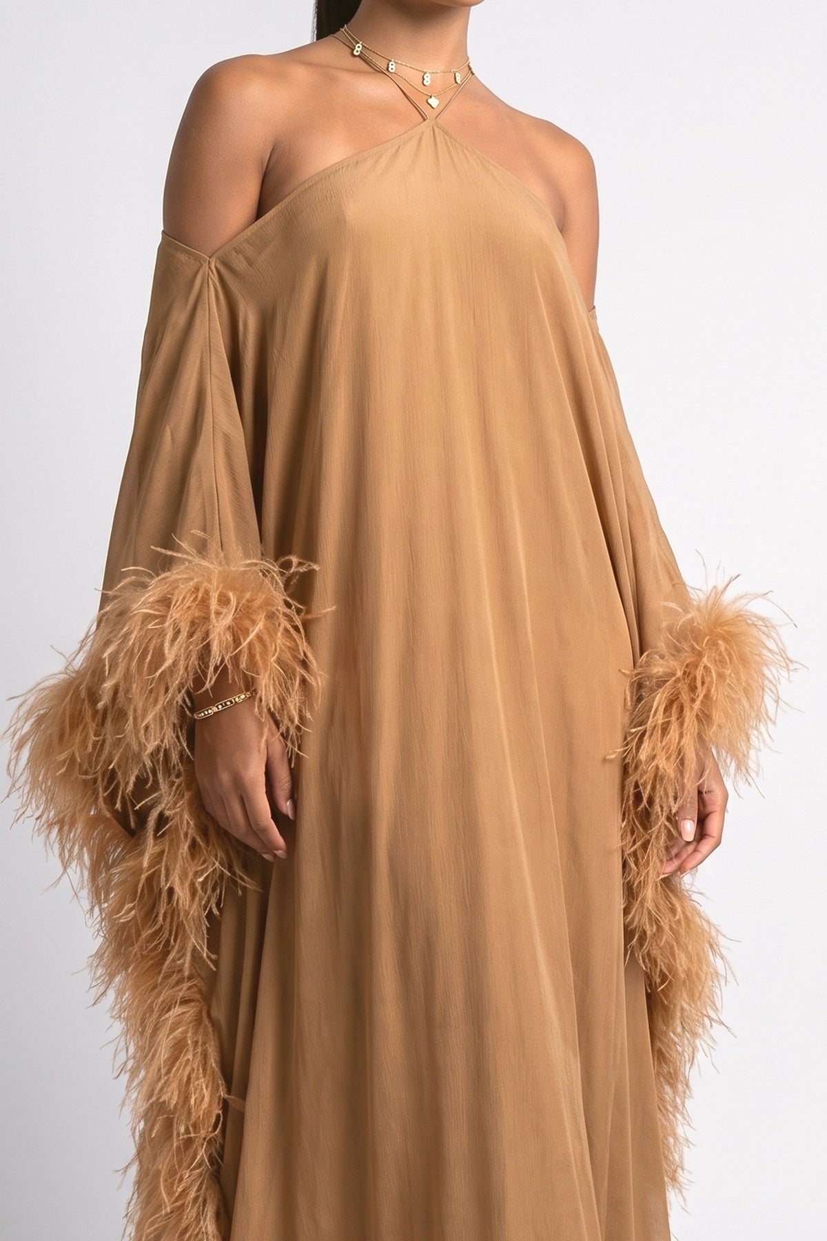 Brown Off-Shoulder Feather Trim Maxi Dress, fabric detail