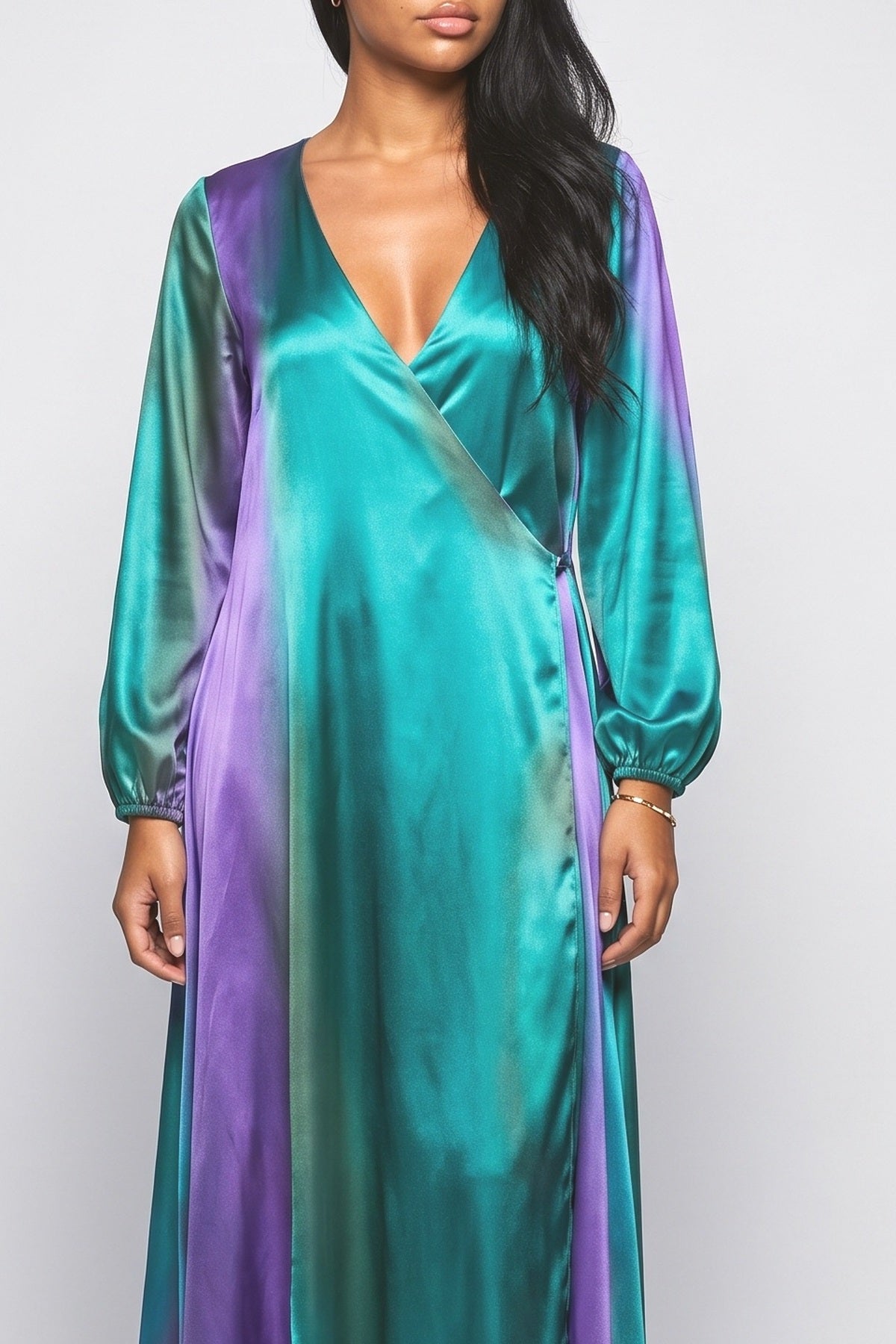 Multicolor Satin V-Neck Maxi Dress, fabric detail