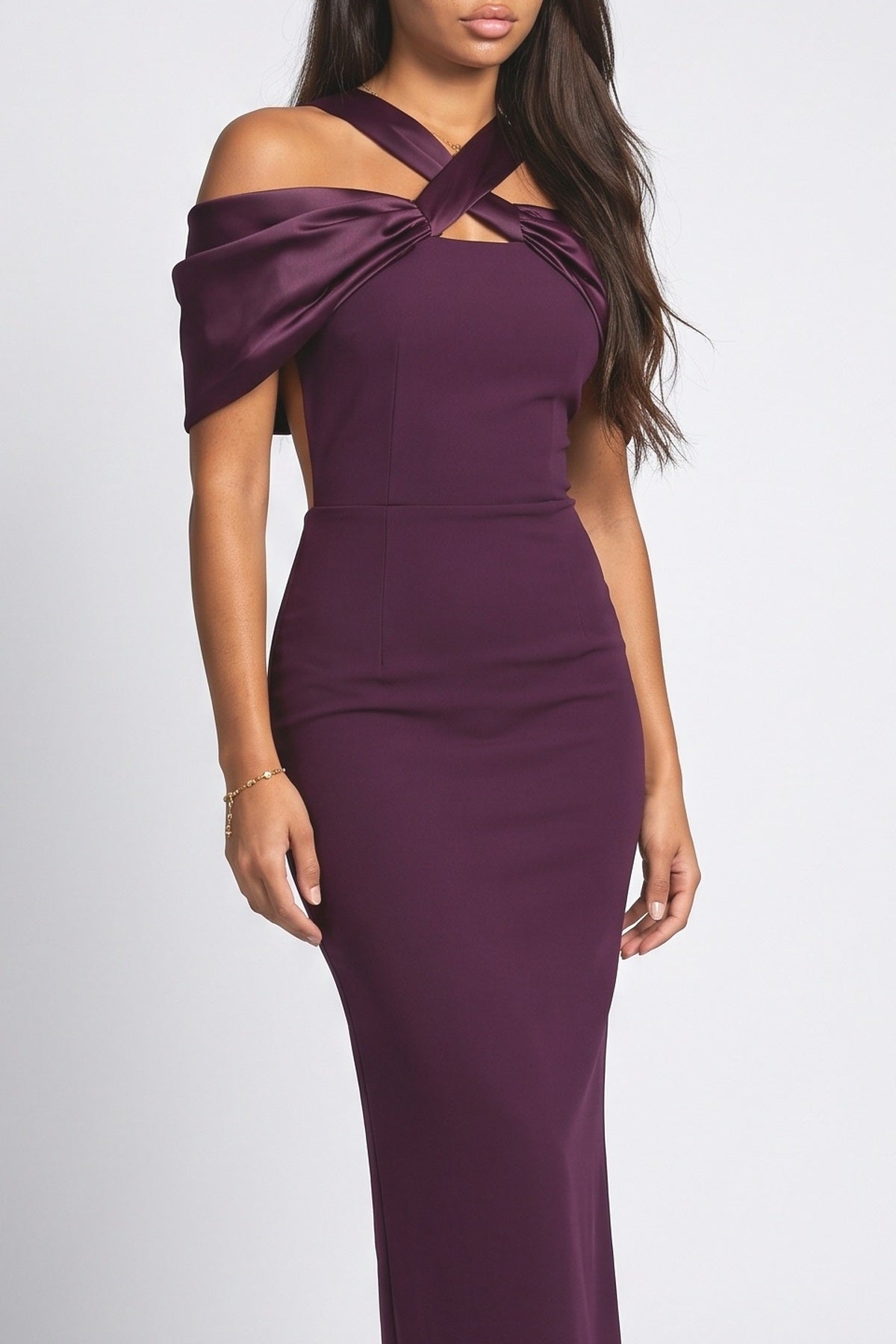 Purple Satin Backless Maxi Dress, fabric detail