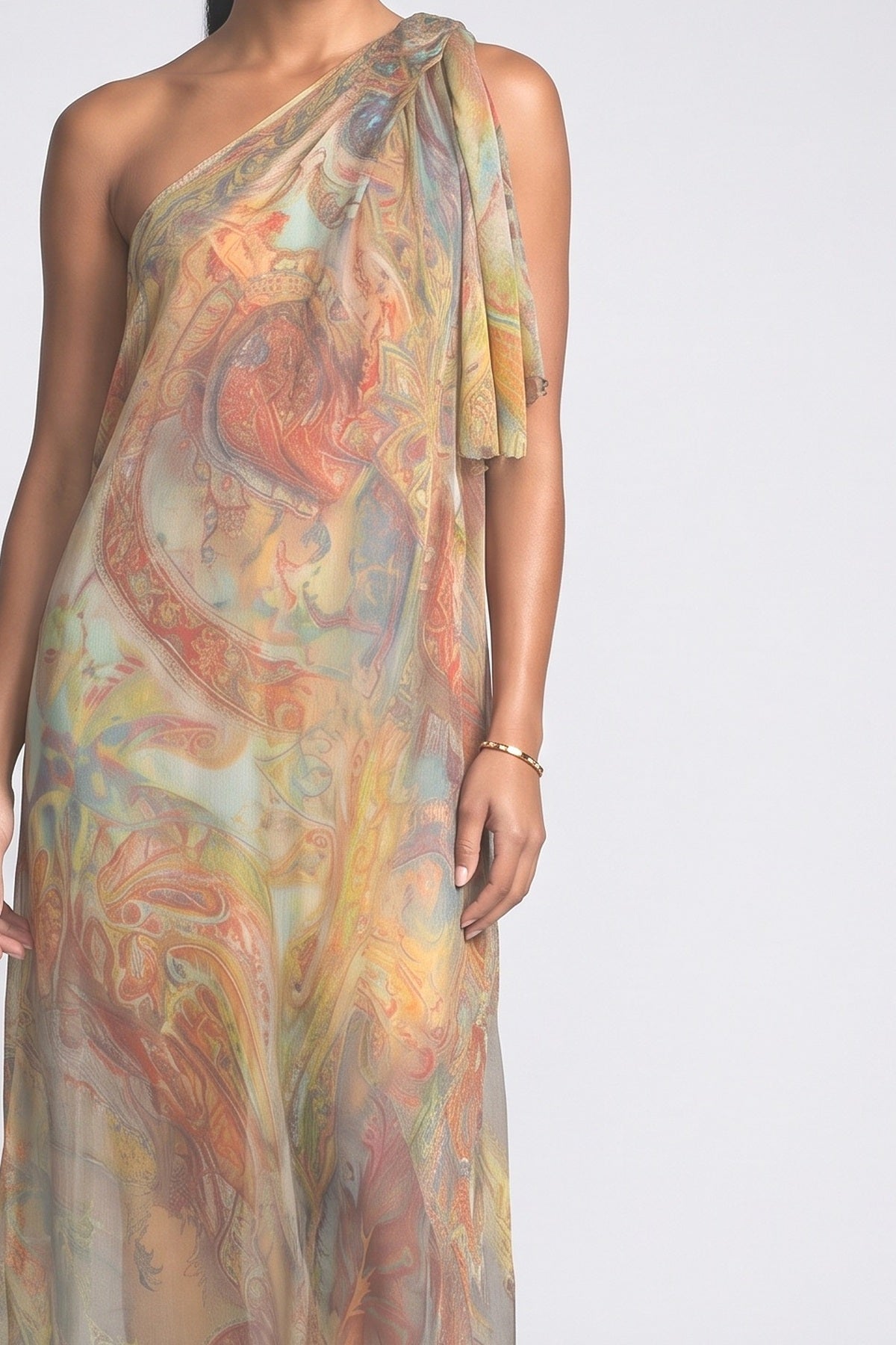 Multicolor Print Off-Shoulder Maxi Dress, fabric detail