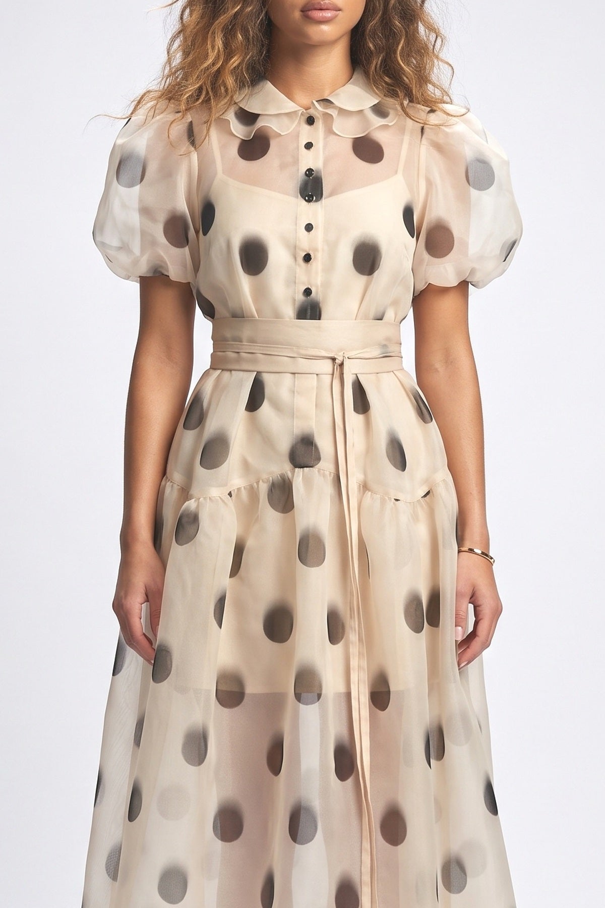 Beige Polka Dot Puff Sleeve Midi Dress, fabric detail