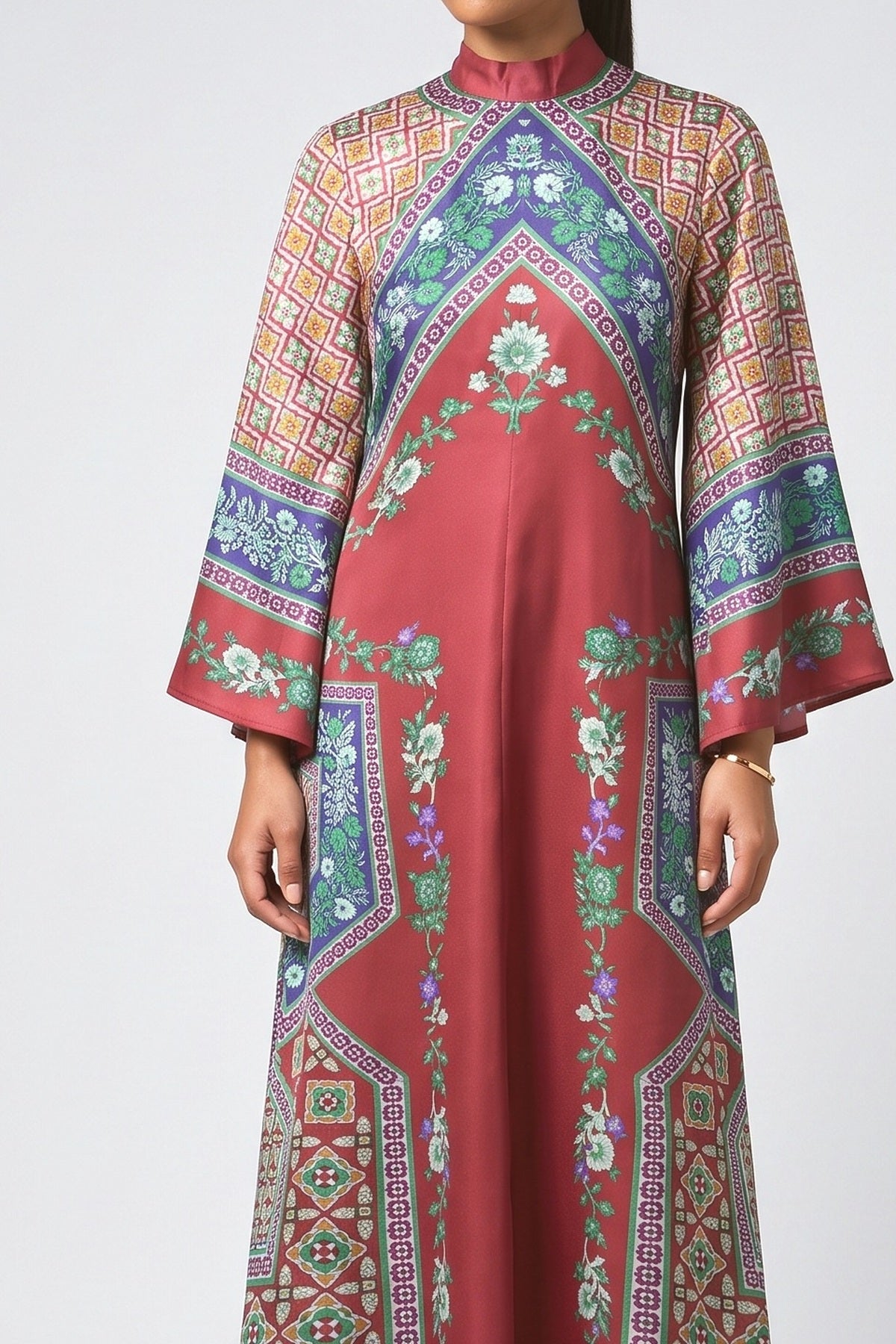 Red Floral Satin Maxi Dress, fabric detail