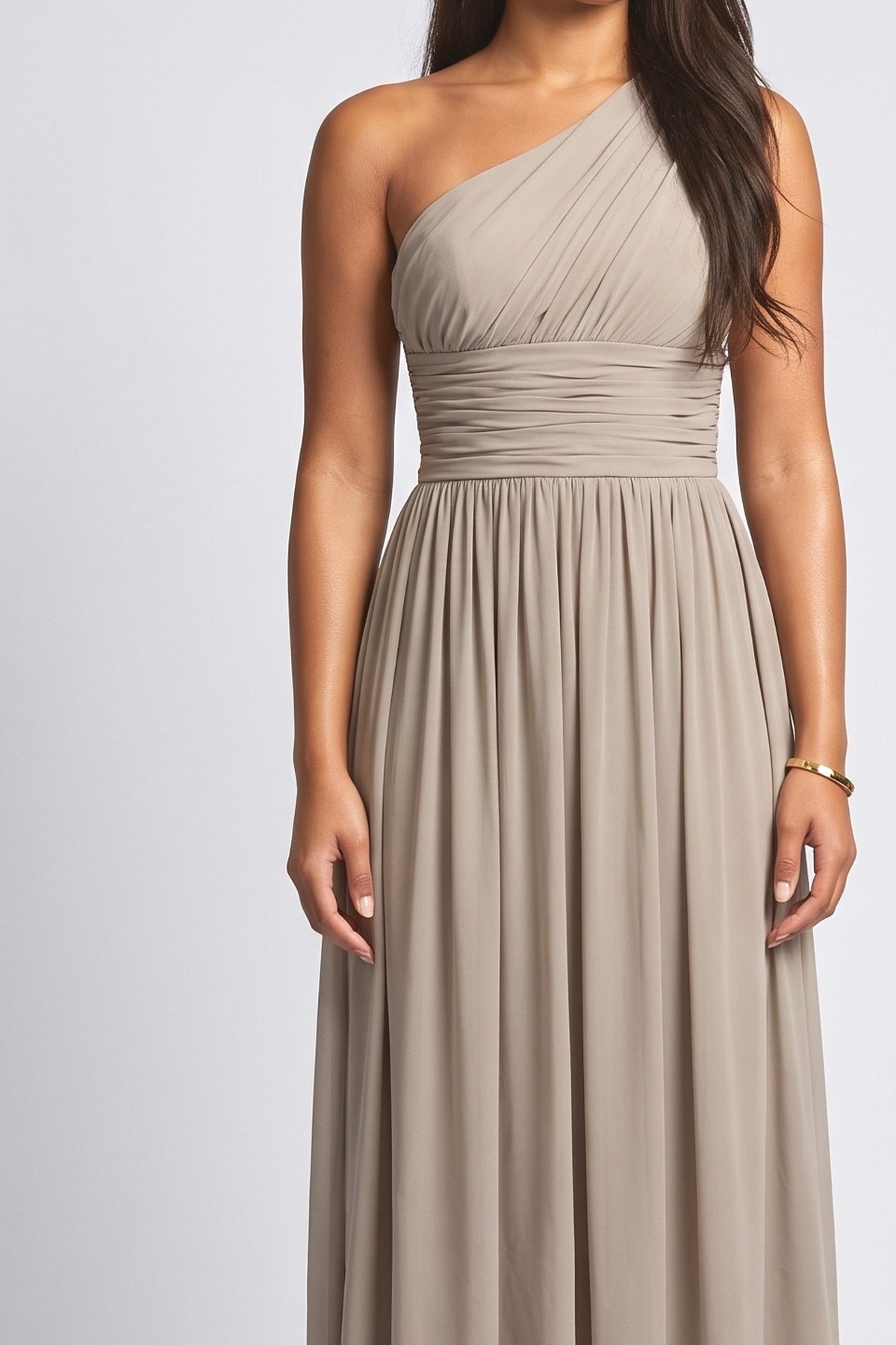Green One-Shoulder Ruched Maxi Dress, fabric detail