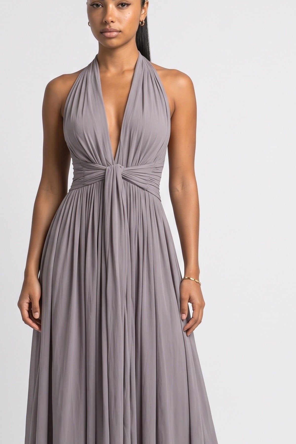 Purple Halter Neck Ruched Maxi Dress, fabric detail