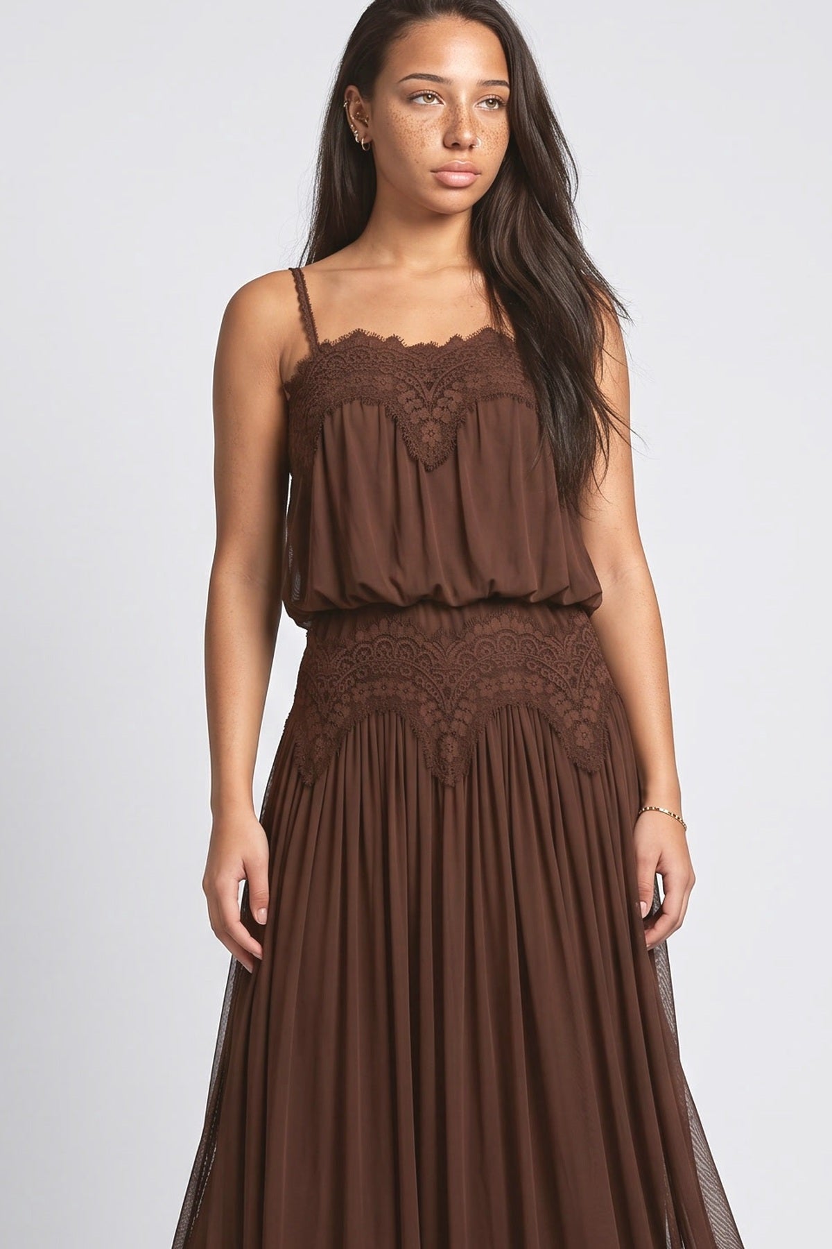 Lace Spaghetti Strap Mesh Maxi Dress, fabric detail