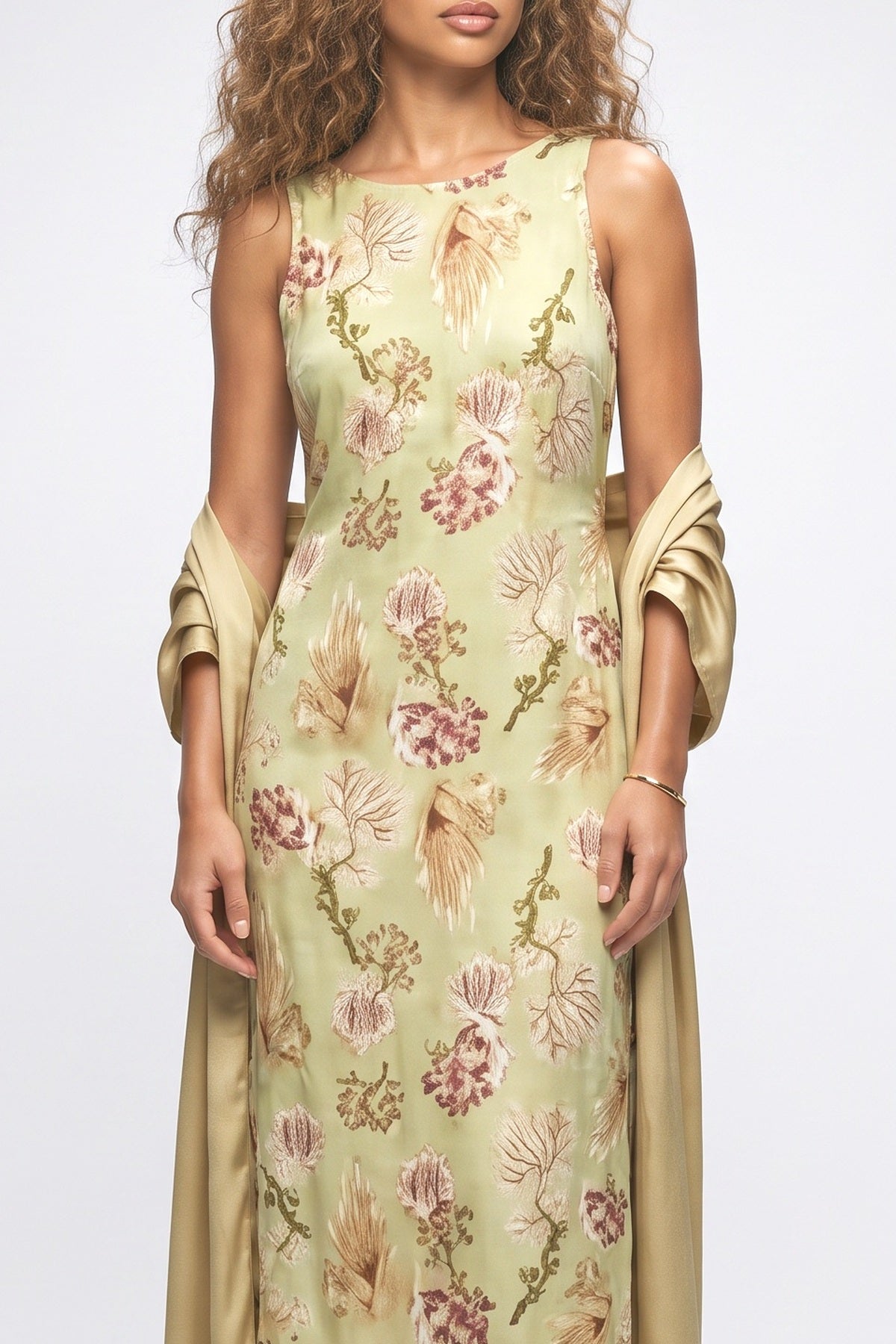 Botanical Print Sleeveless Midi Dress Two-Piece Set, fabric detail