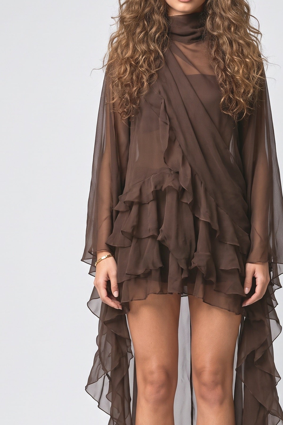 Brown Chiffon High Neck Ruffle Midi Dress, fabric detail