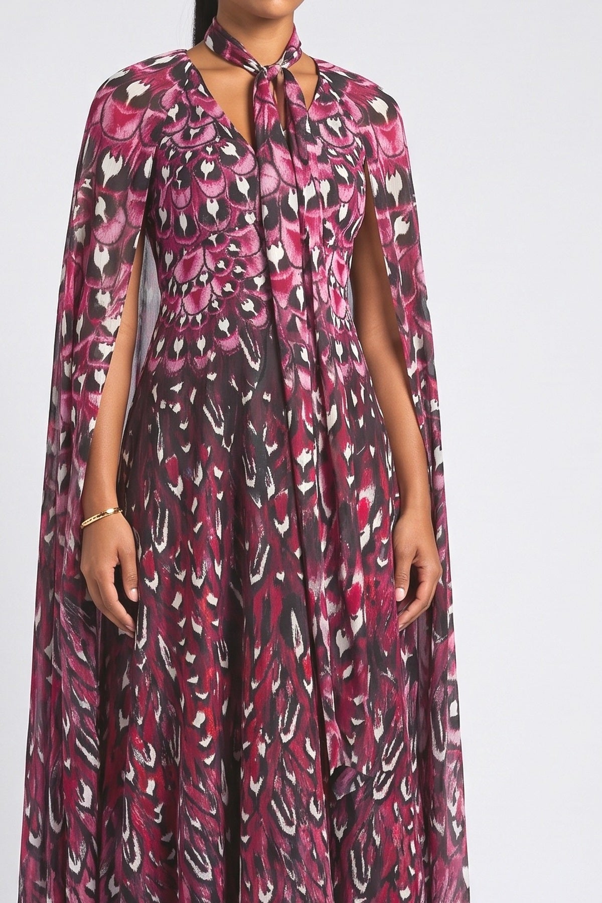 Multicolor Floral Cape Maxi Dress, fabric detail